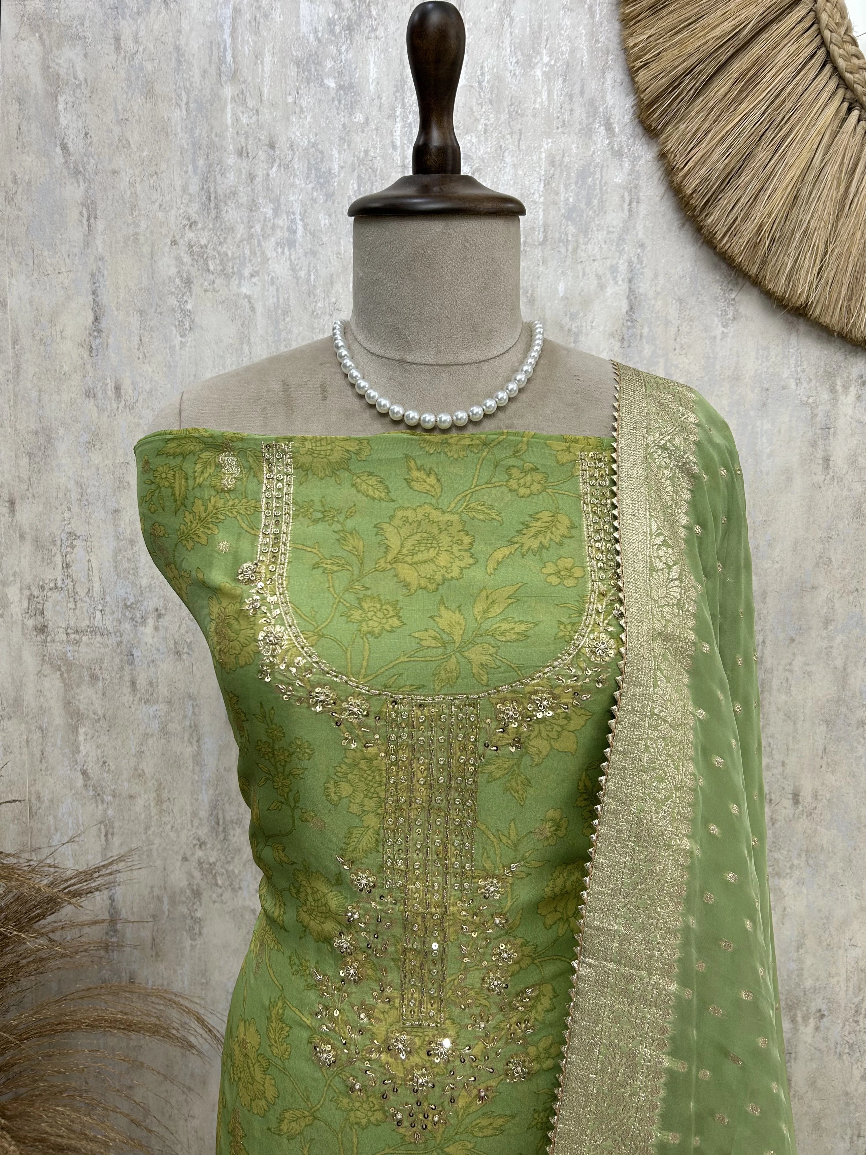 Zardozi Neckline Organza Unstitched Suit Set