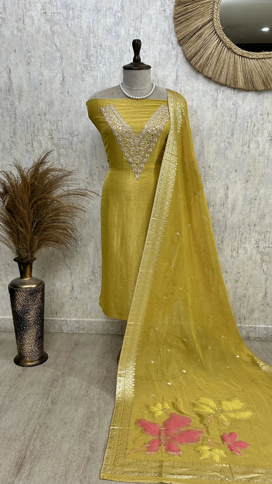 Tissue Silk Unstitched Suit Set With Zardozi Work