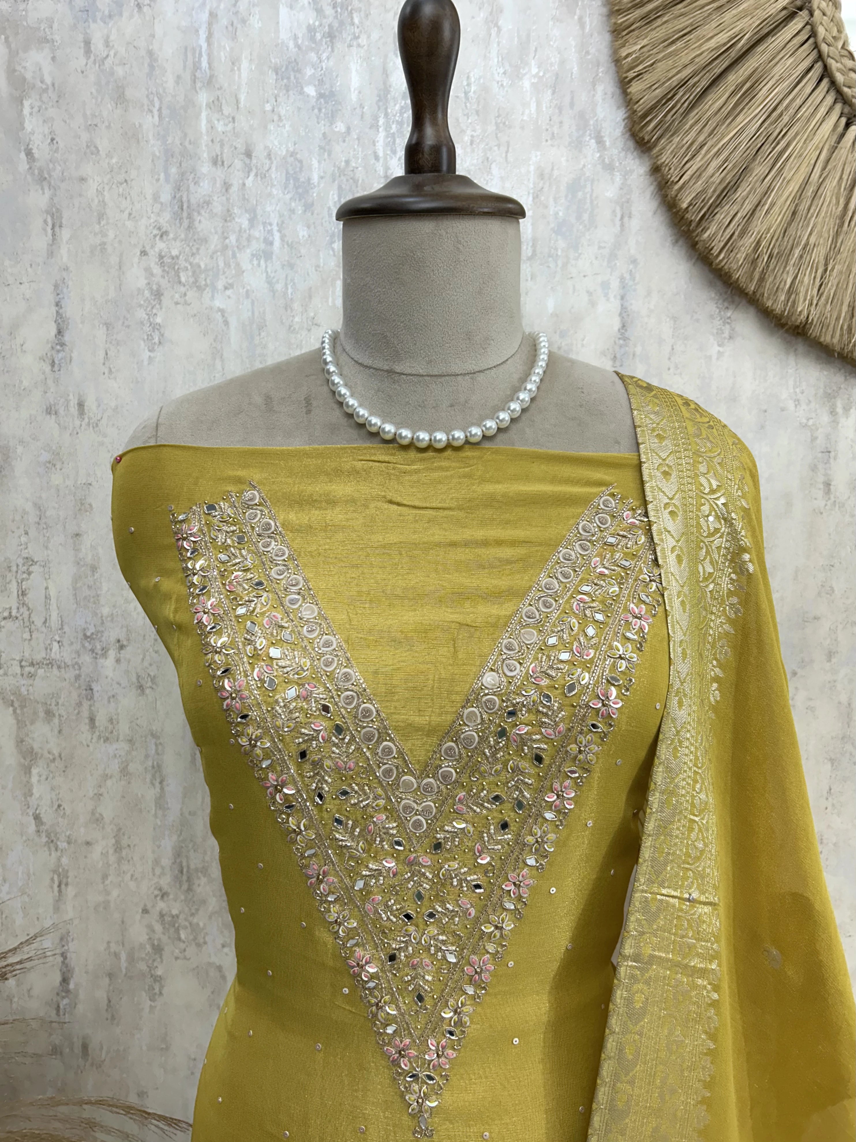Tissue Silk Unstitched Suit Set With Zardozi Work