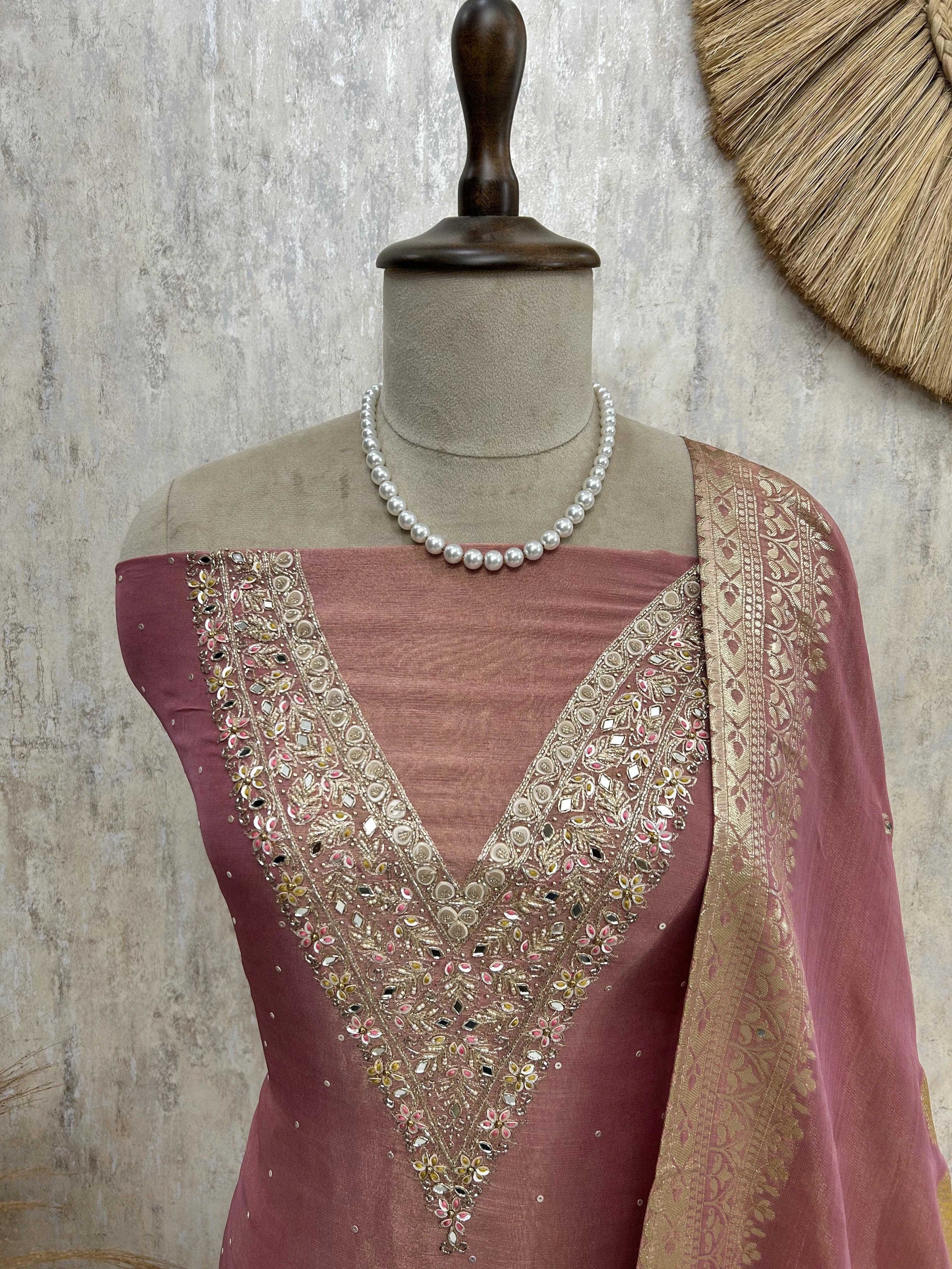Tissue Silk Unstitched Suit Set With Zardozi Work
