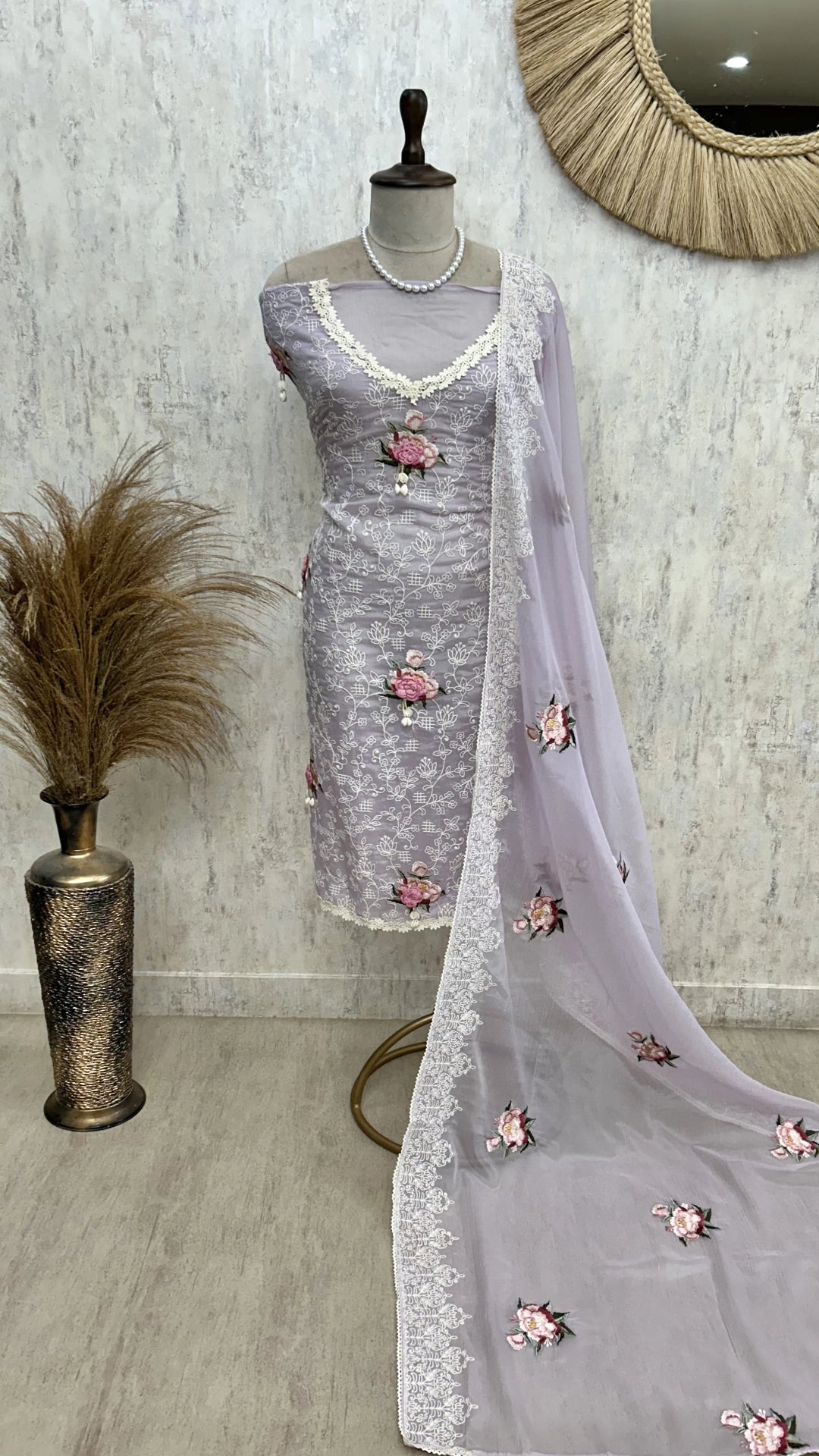 Thread Embroidered Chiffon Organza Unstitched Suit Set