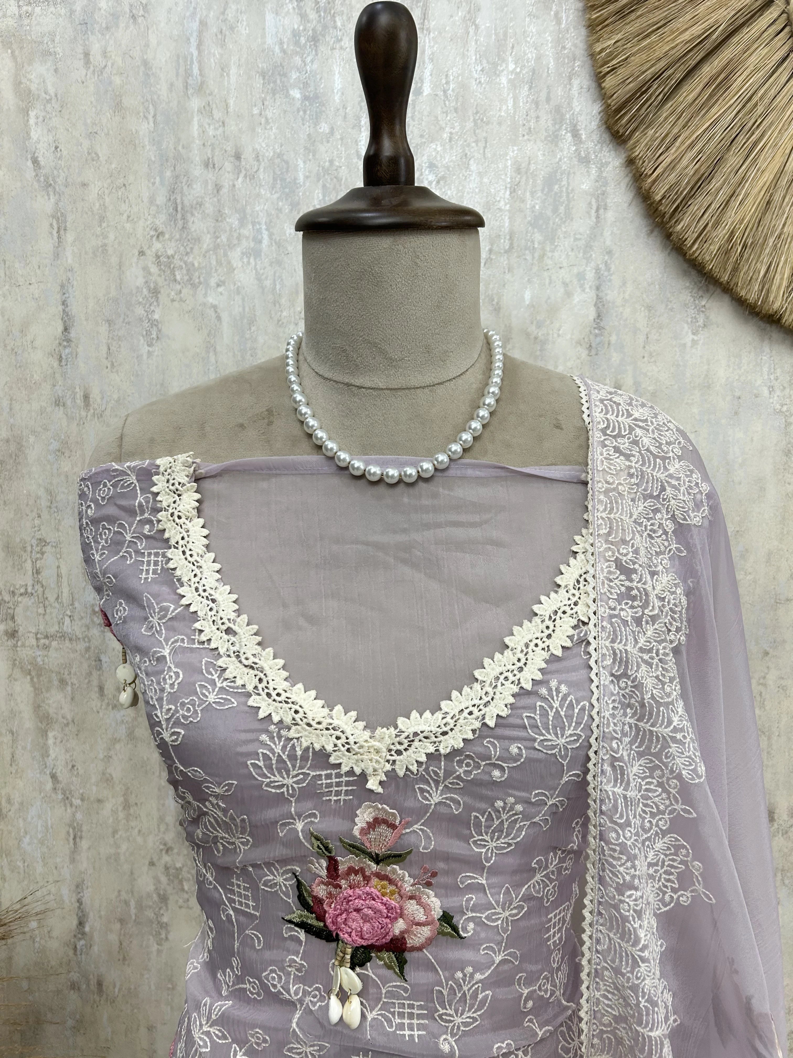 Thread Embroidered Chiffon Organza Unstitched Suit Set