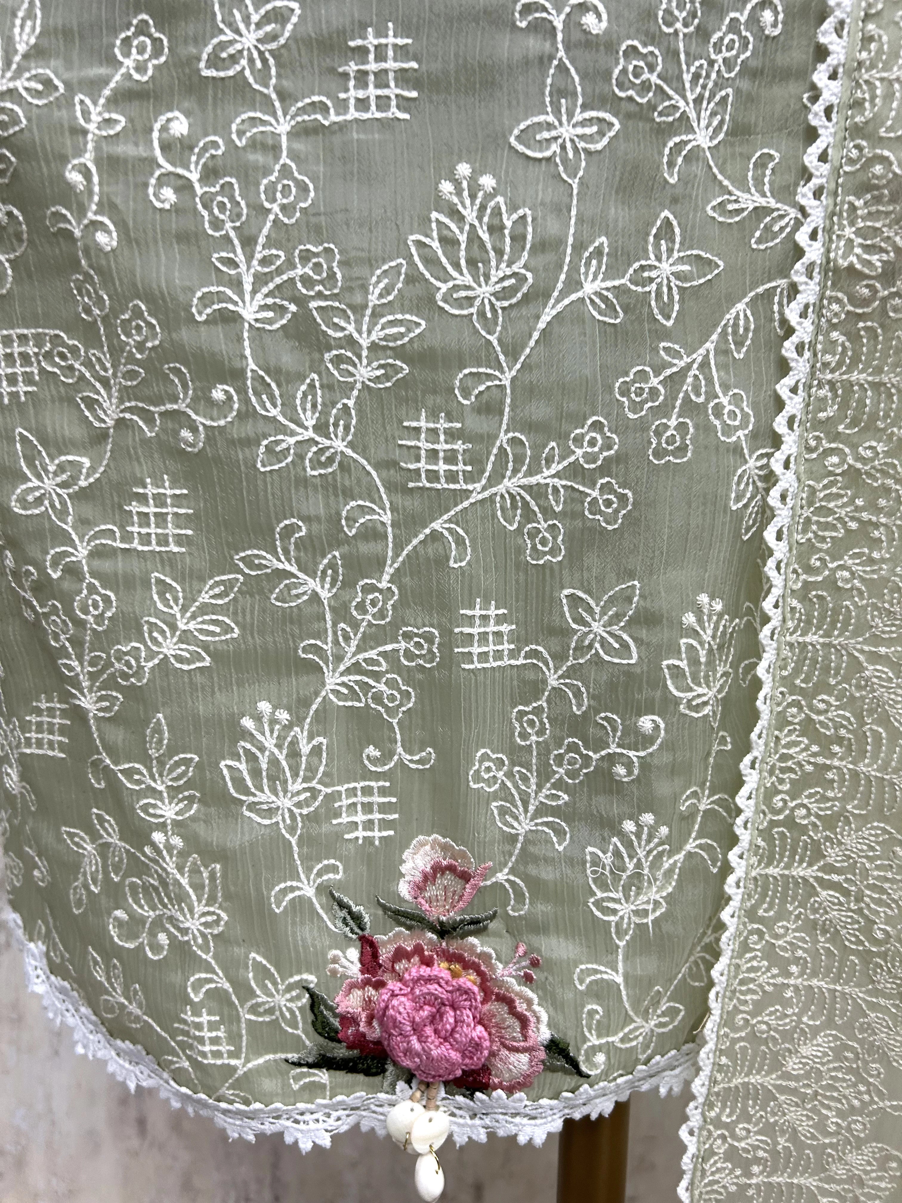 Thread Embroidered Chiffon Organza Unstitched Suit Set
