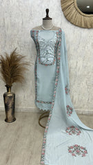 Schiffli Embroidery Mul Unstitched Suit Set