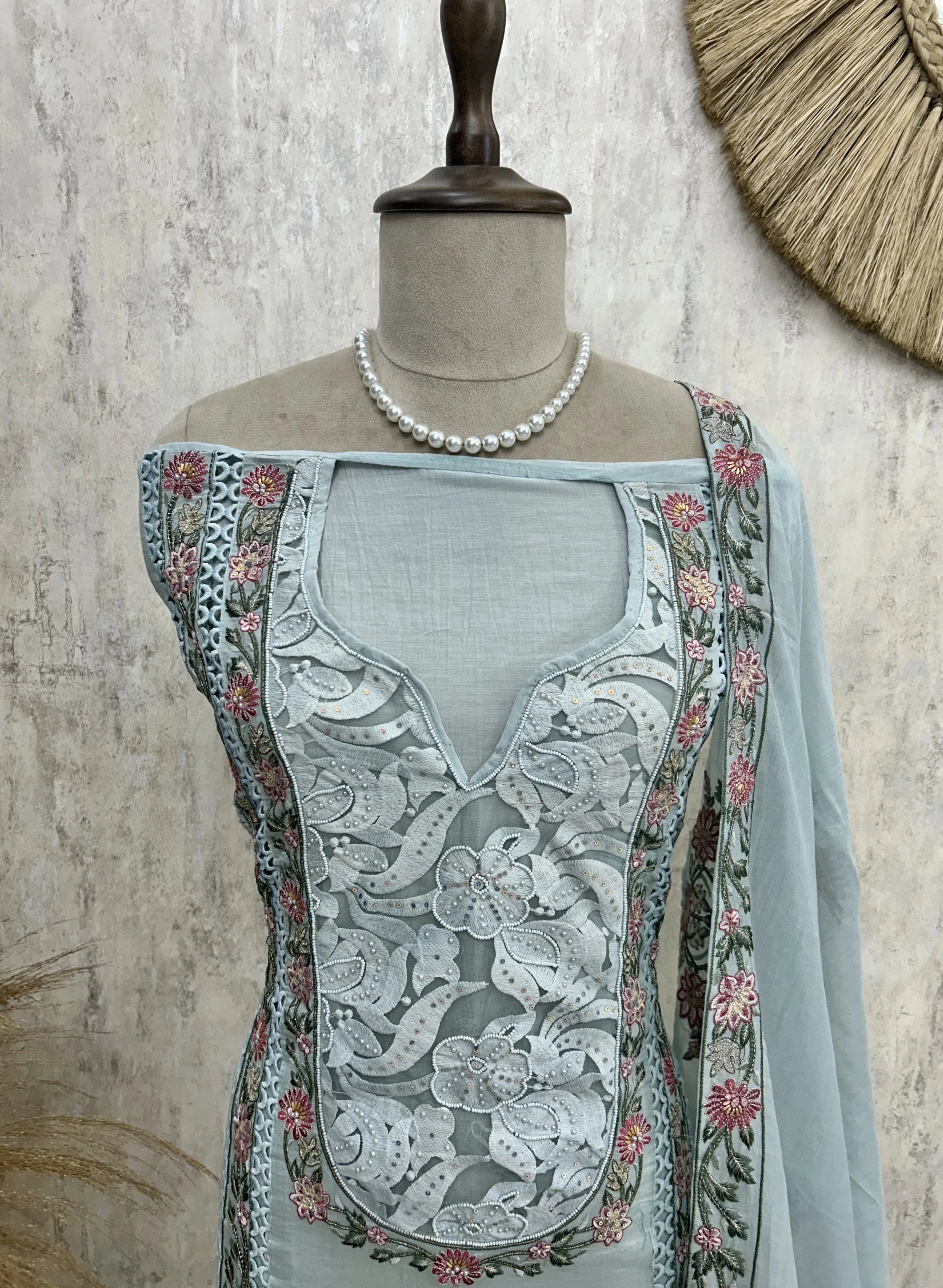 Schiffli Embroidery Mul Unstitched Suit Set