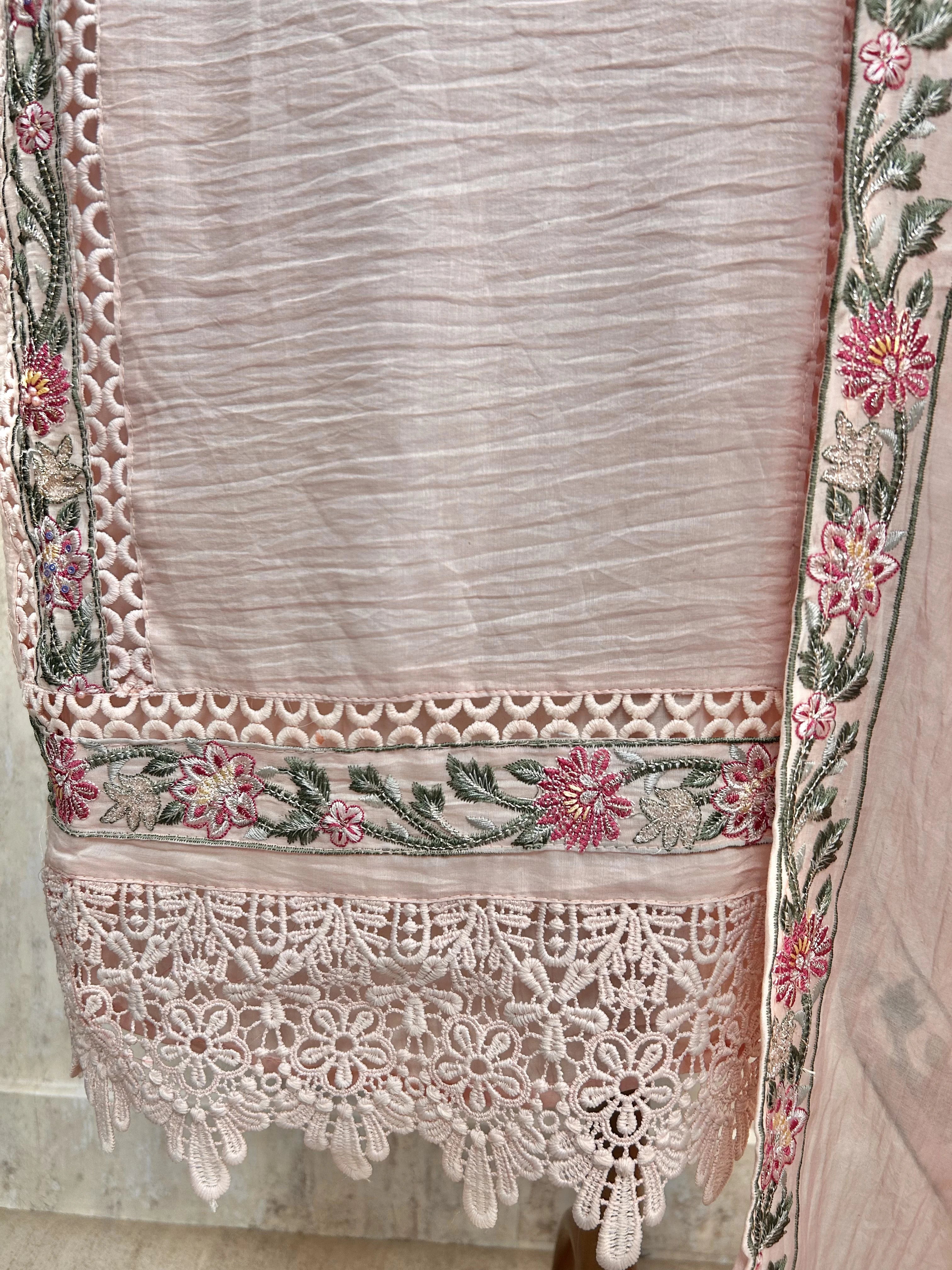 Schiffli Embroidery Mul Unstitched Suit Set