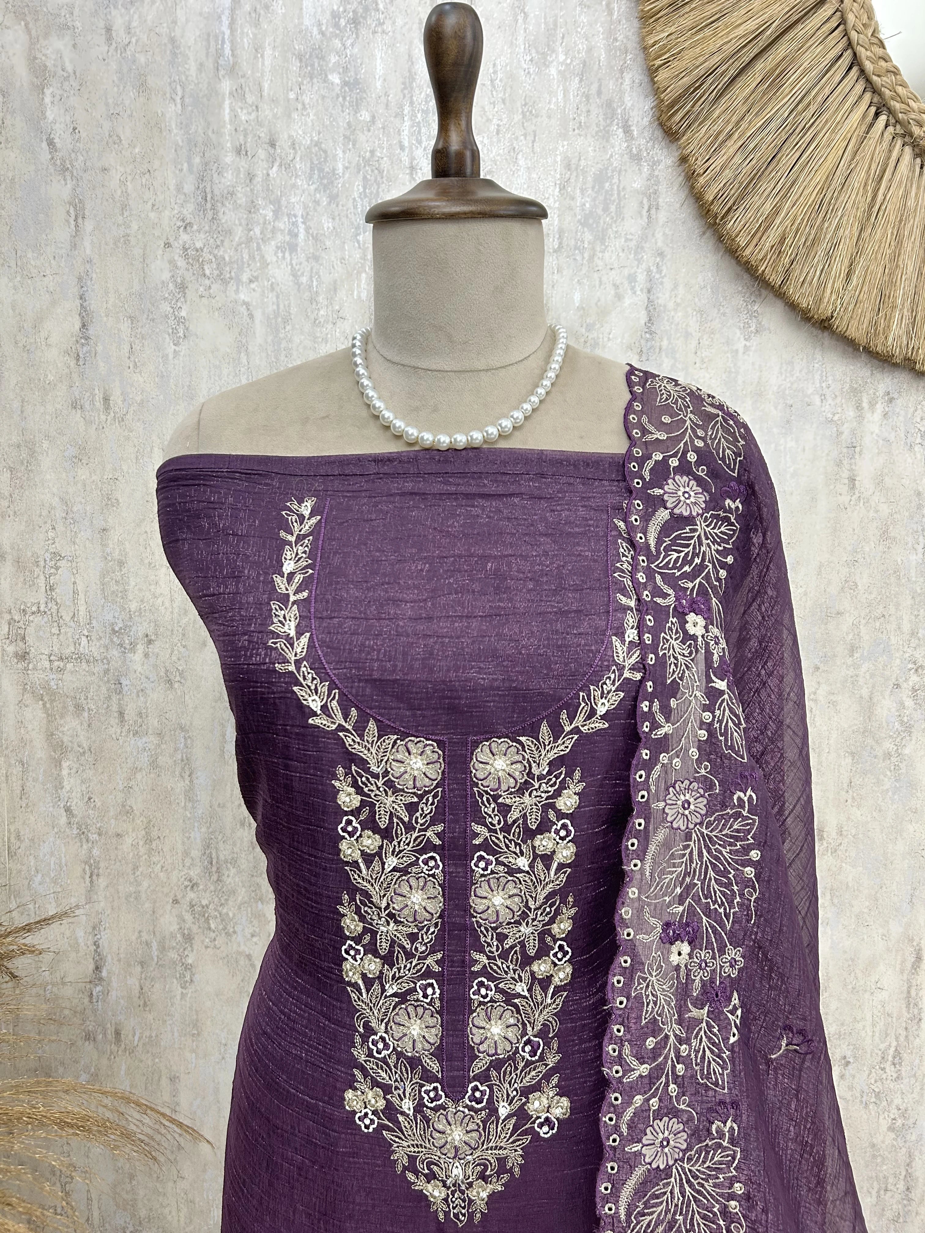 Embroidered Neckline Crush Tissue Unstitched Suit Set