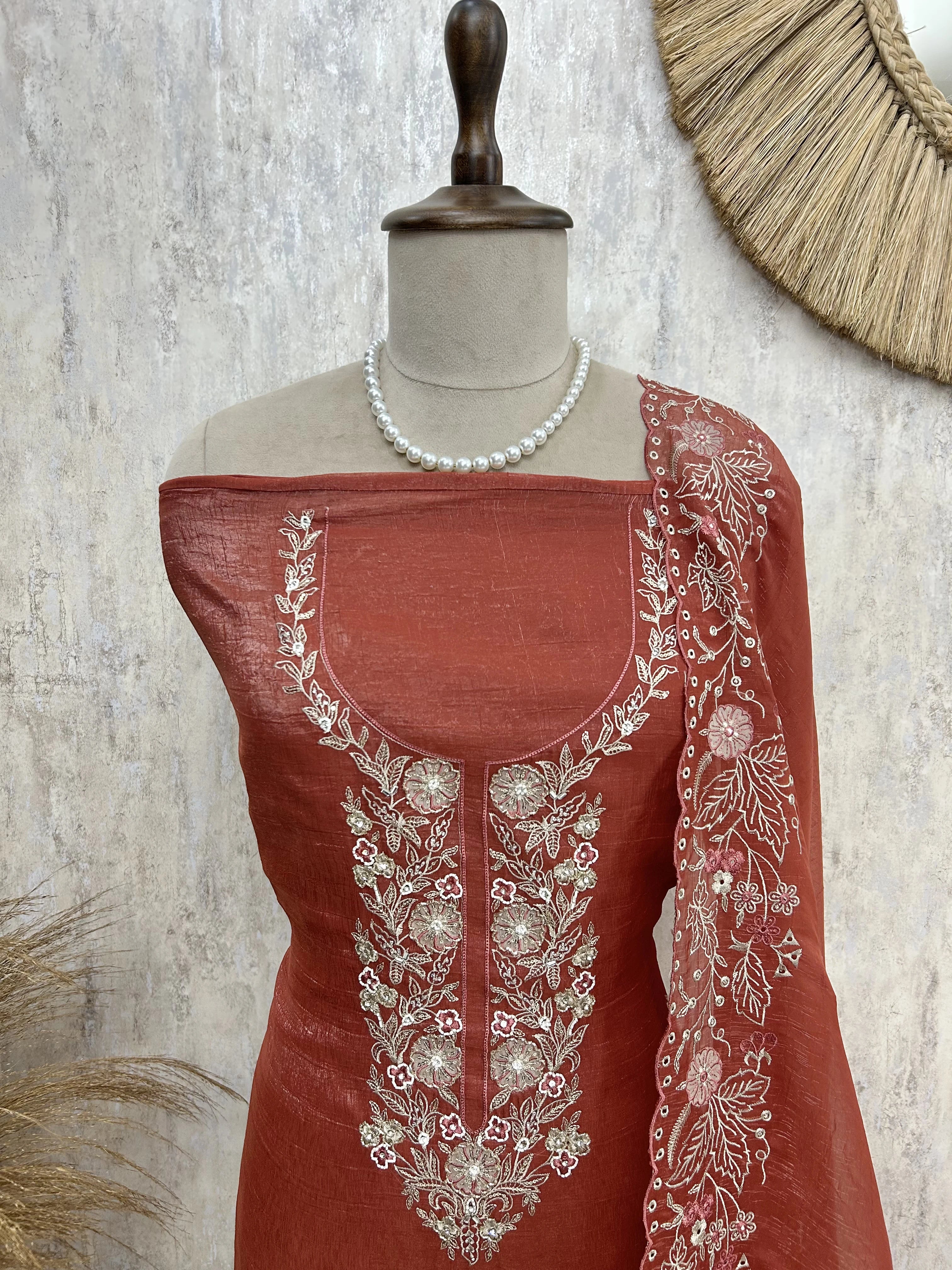 Embroidered Neckline Crush Tissue Unstitched Suit Set