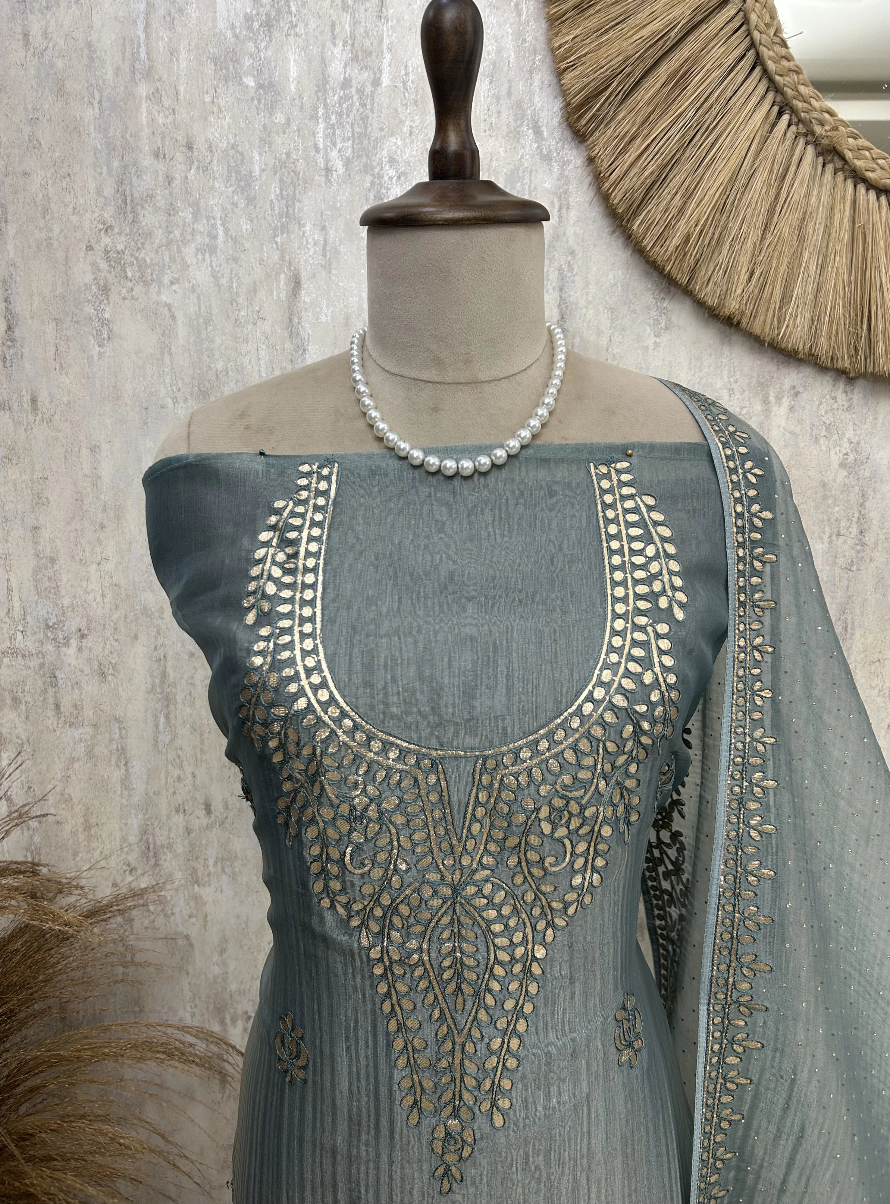 Applique Embroidered Glass Organza Unstitched Suit Set