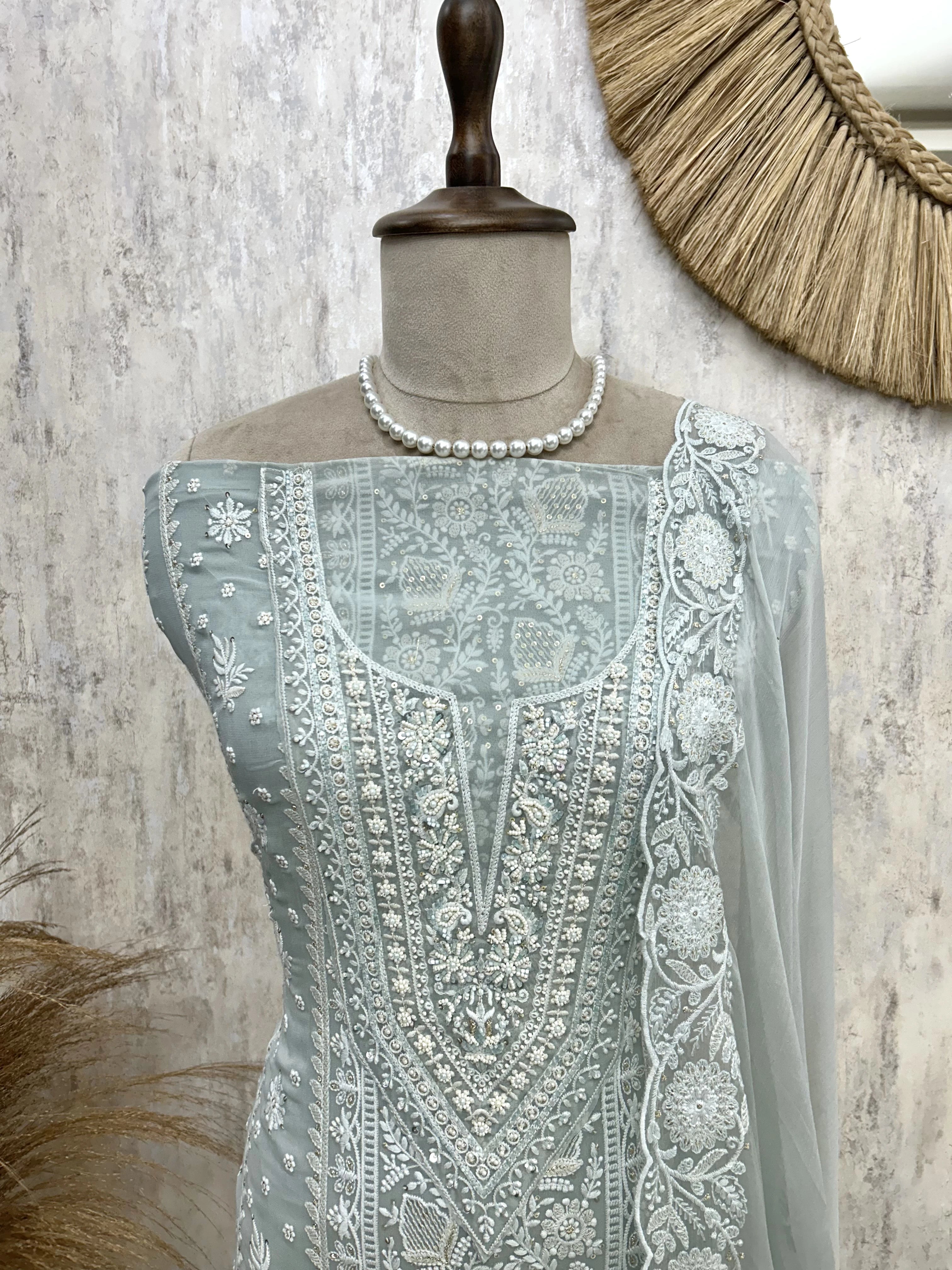 Lucknowi Georgette Unstitched Suit Set WIth Pearl Work
