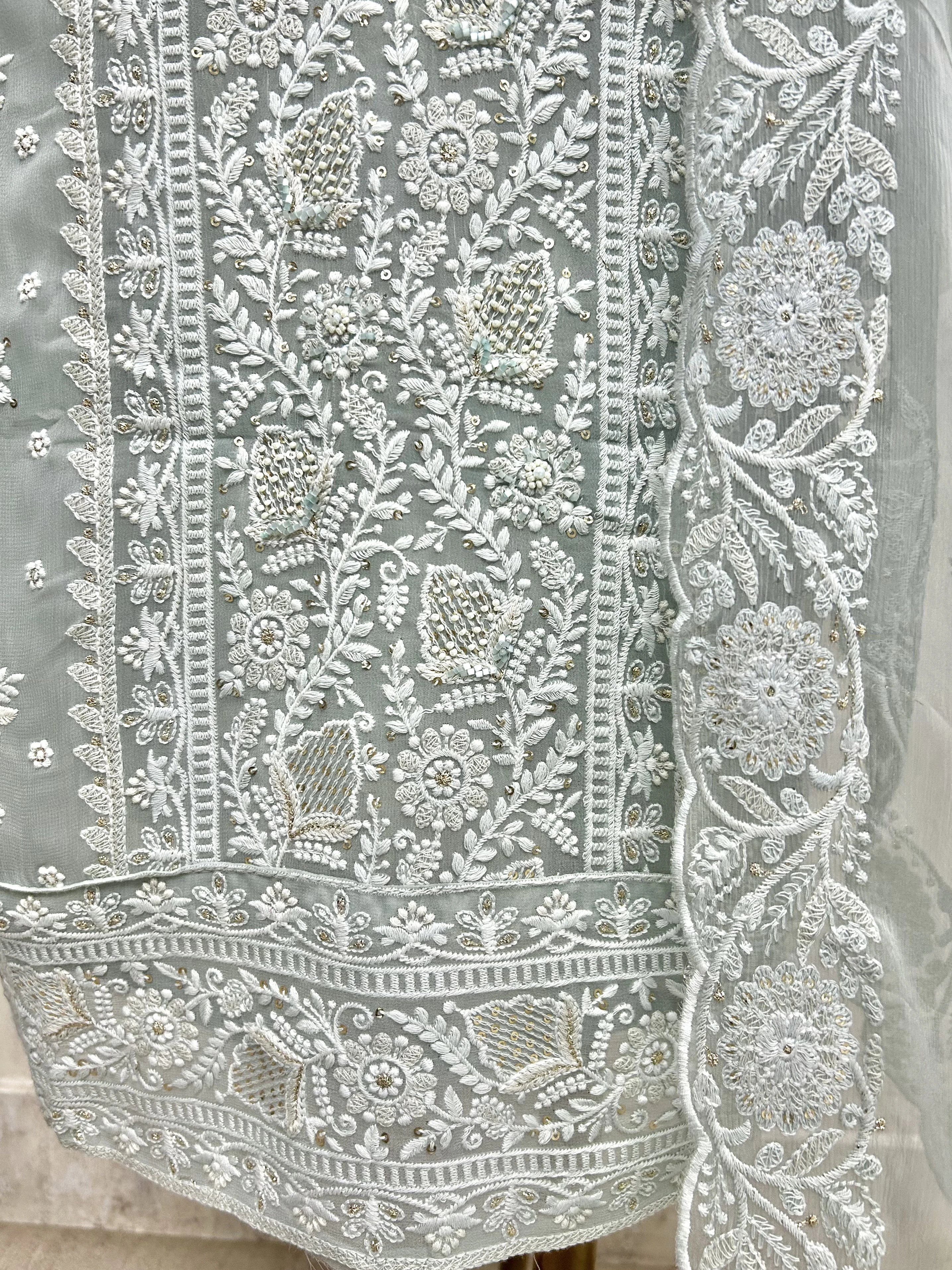 Lucknowi Georgette Unstitched Suit Set WIth Pearl Work