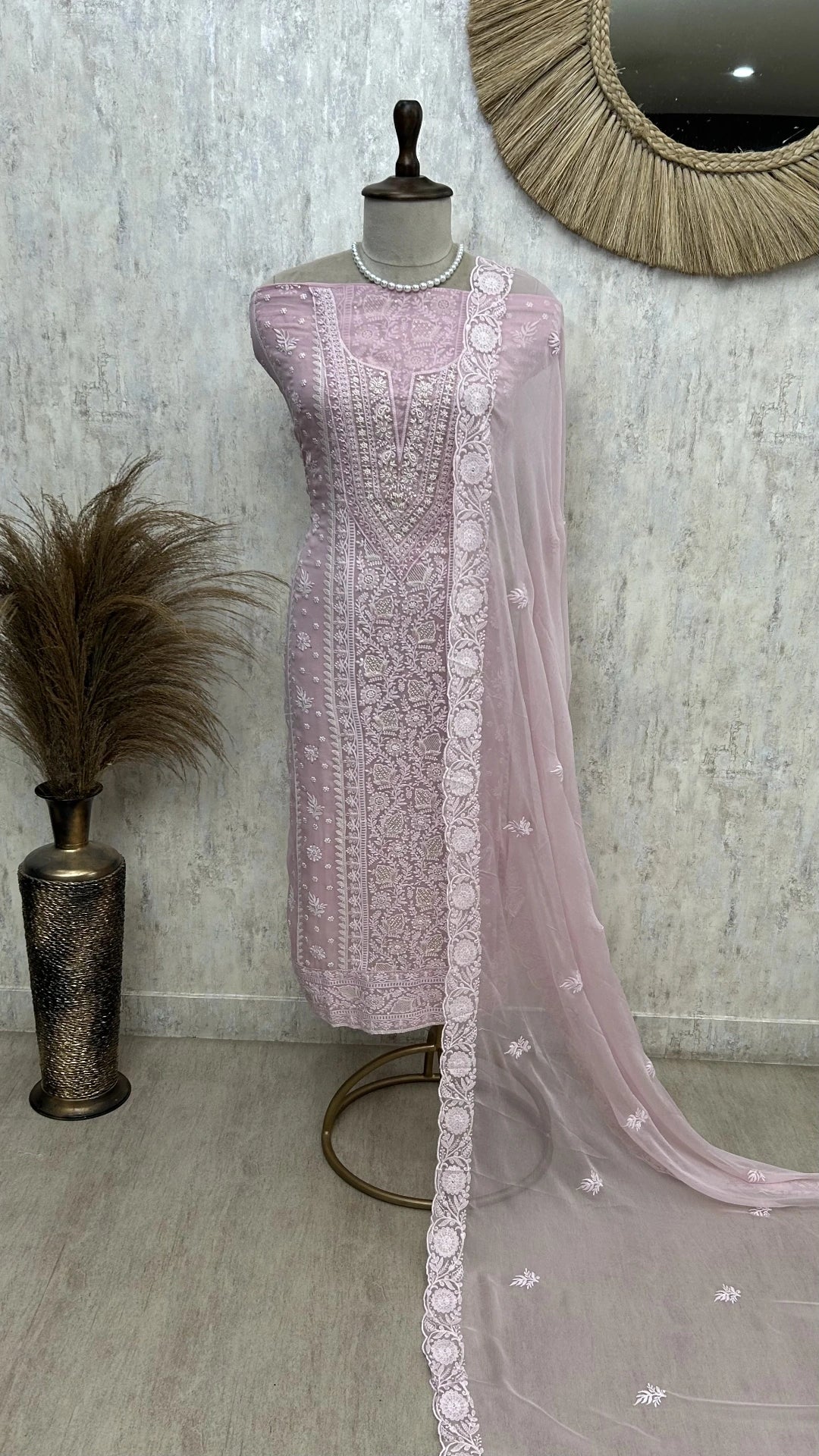 Lucknowi Georgette Unstitched Suit Set WIth Pearl Work