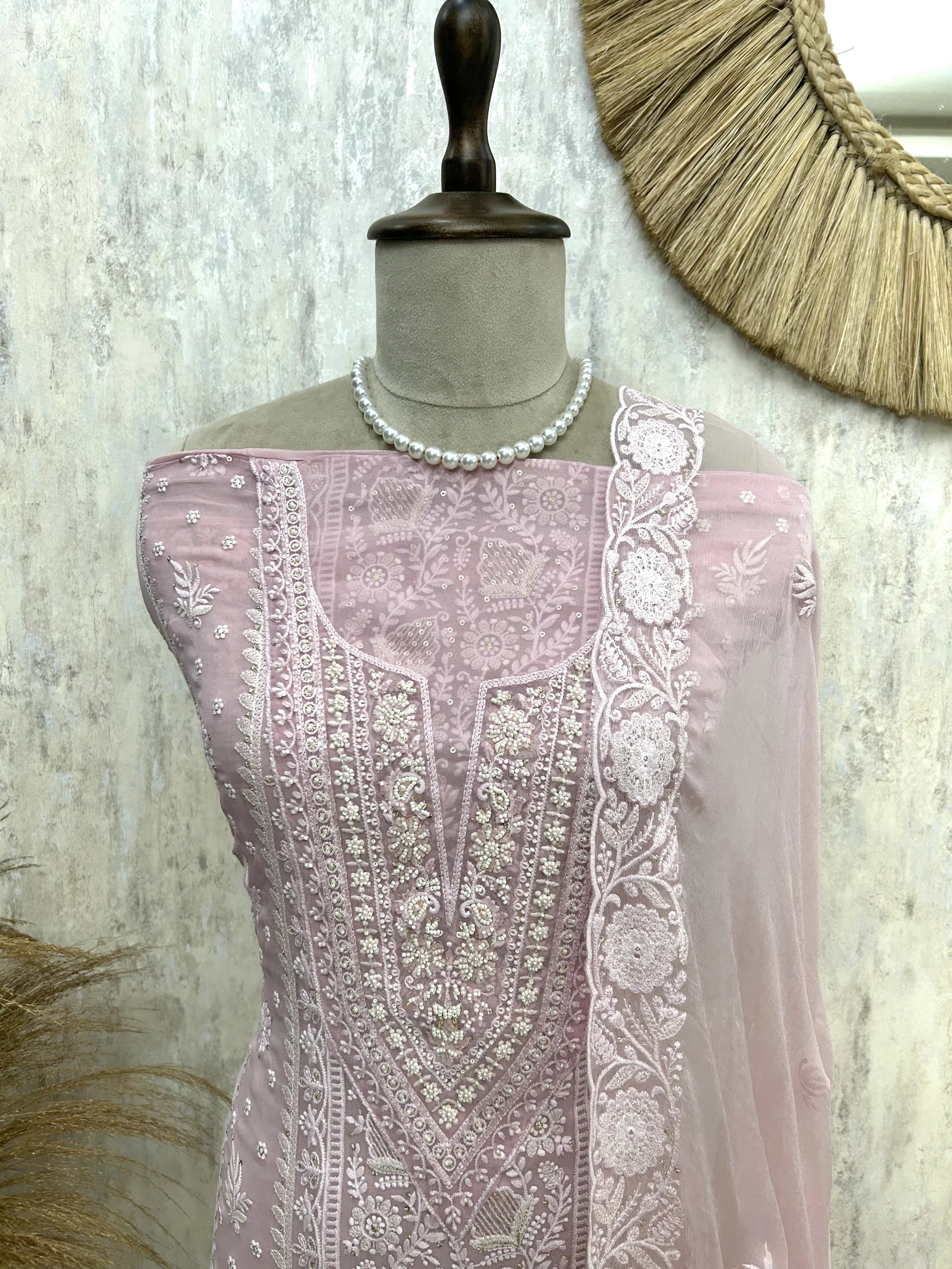 Lucknowi Georgette Unstitched Suit Set WIth Pearl Work