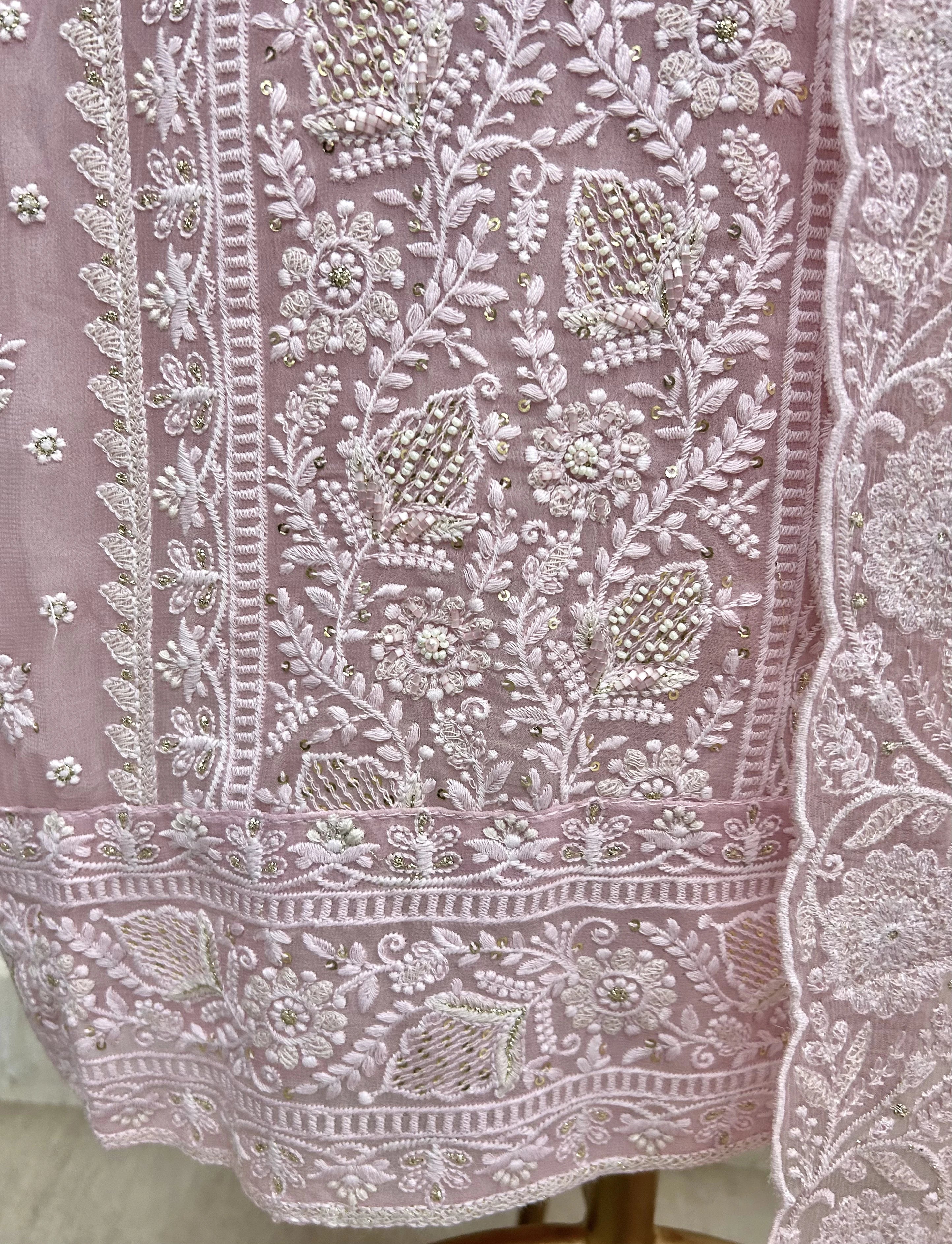 Lucknowi Georgette Unstitched Suit Set WIth Pearl Work