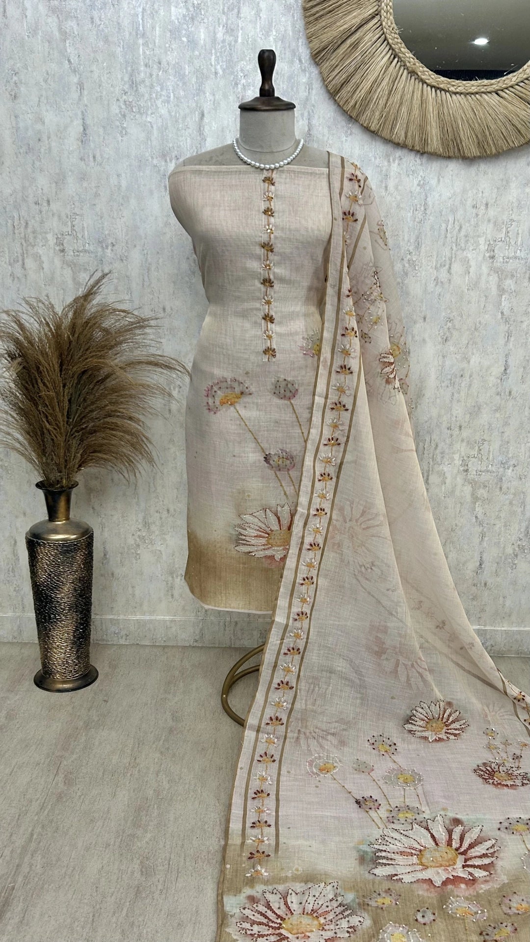 Jamdani Linen Unstitched Suit Set With Kantha on Flowers Pattern