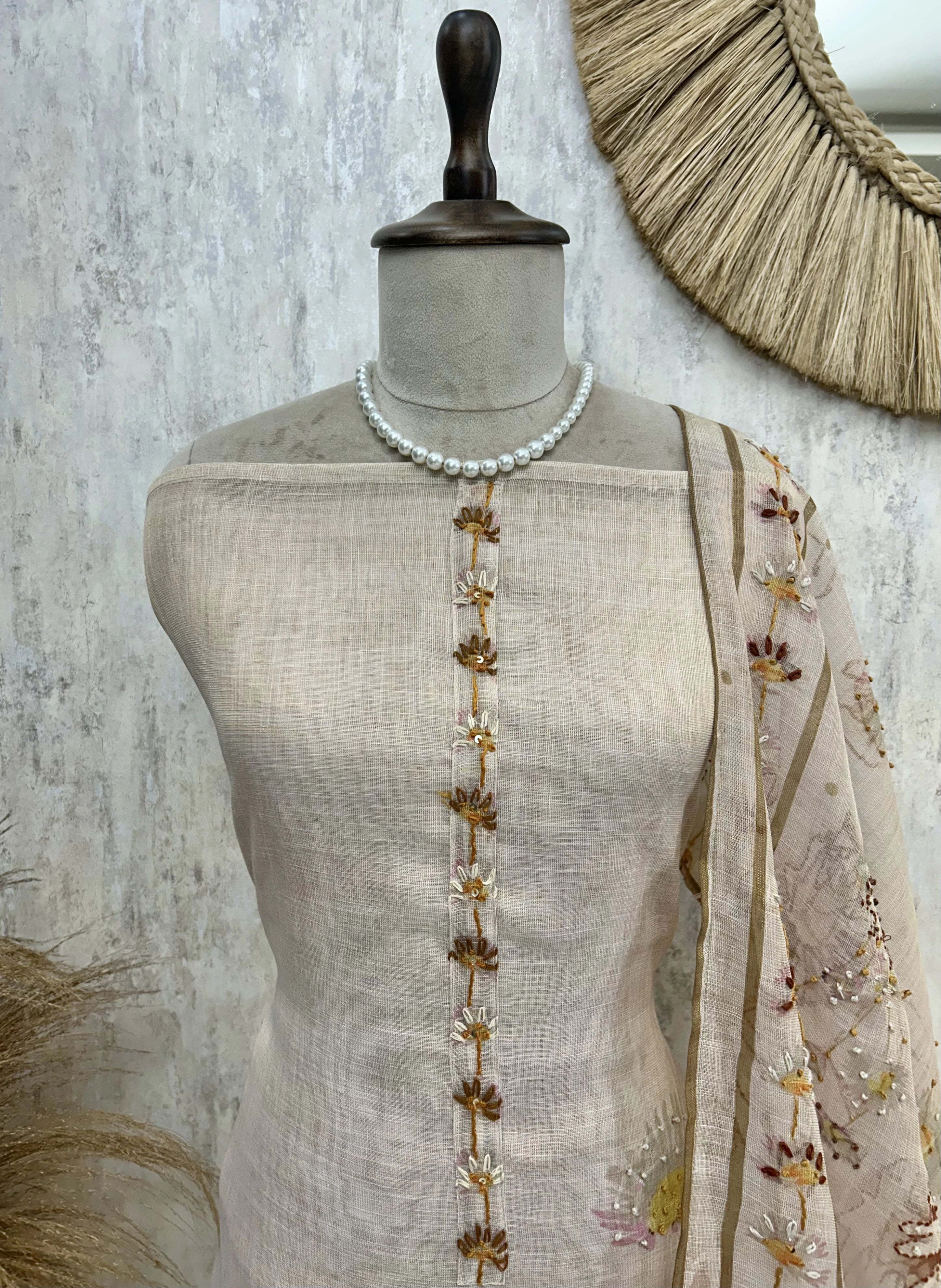 Jamdani Linen Unstitched Suit Set With Kantha on Flowers Pattern
