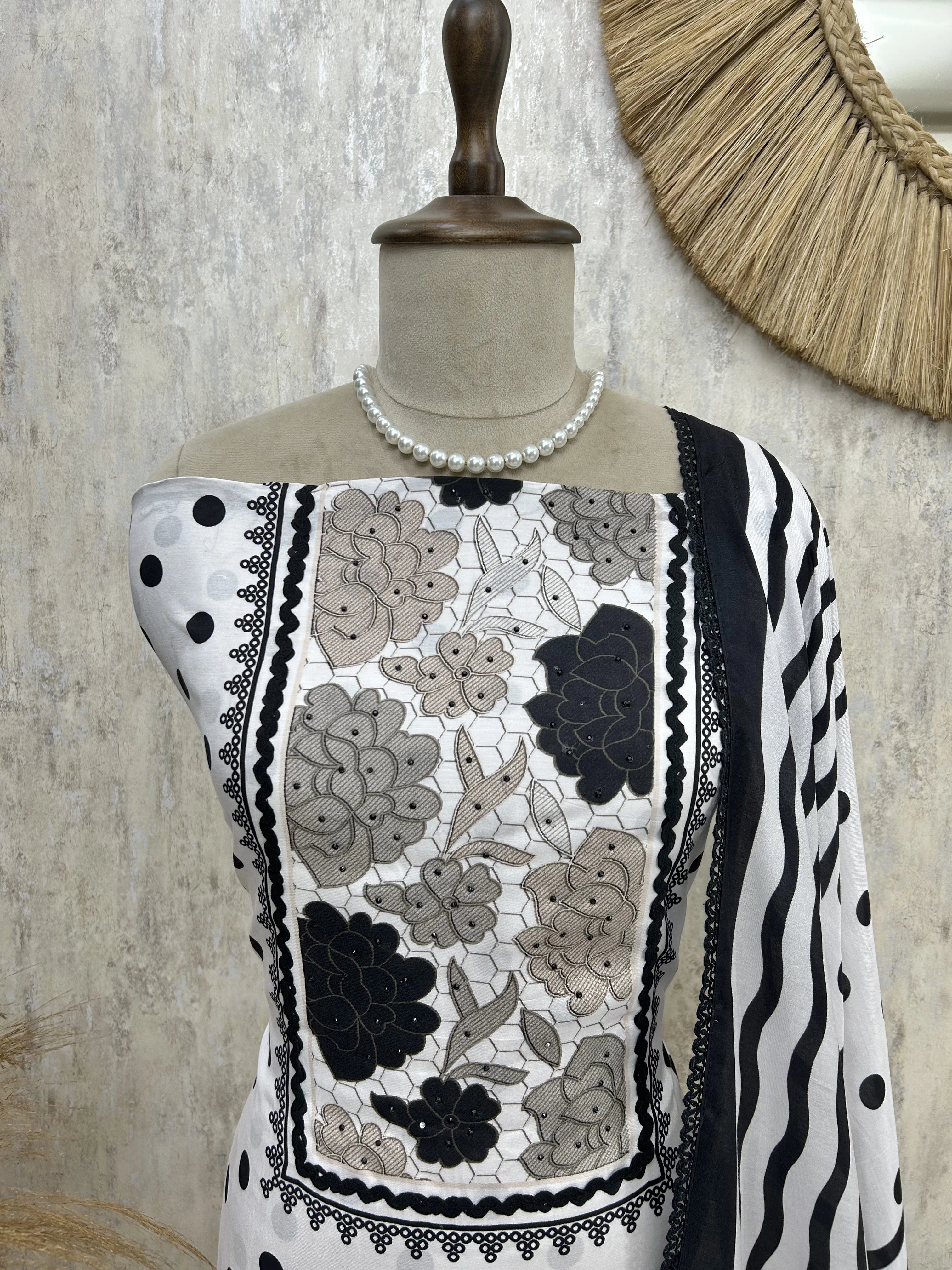 Muslin Unstitched Suit Set With Floral & Polka Print