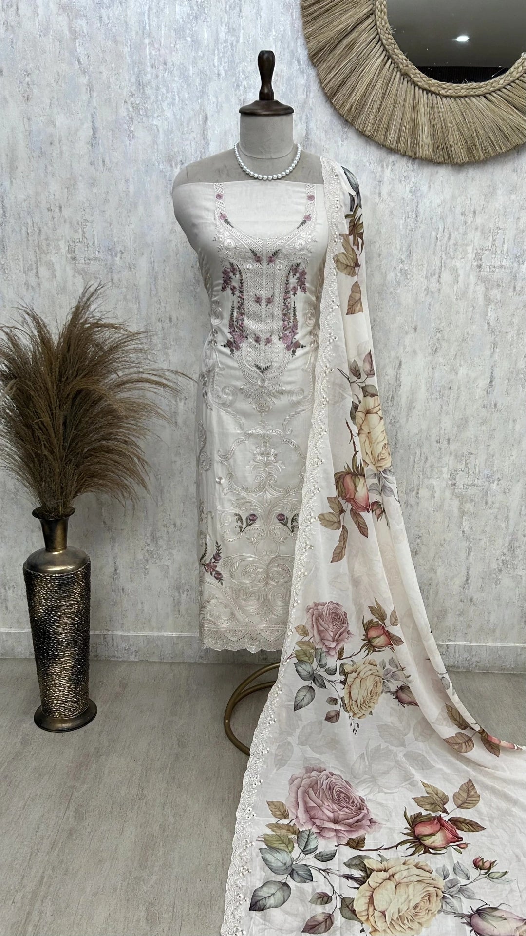 Fine Thread Embroidered Organza Unstitched Suit Set