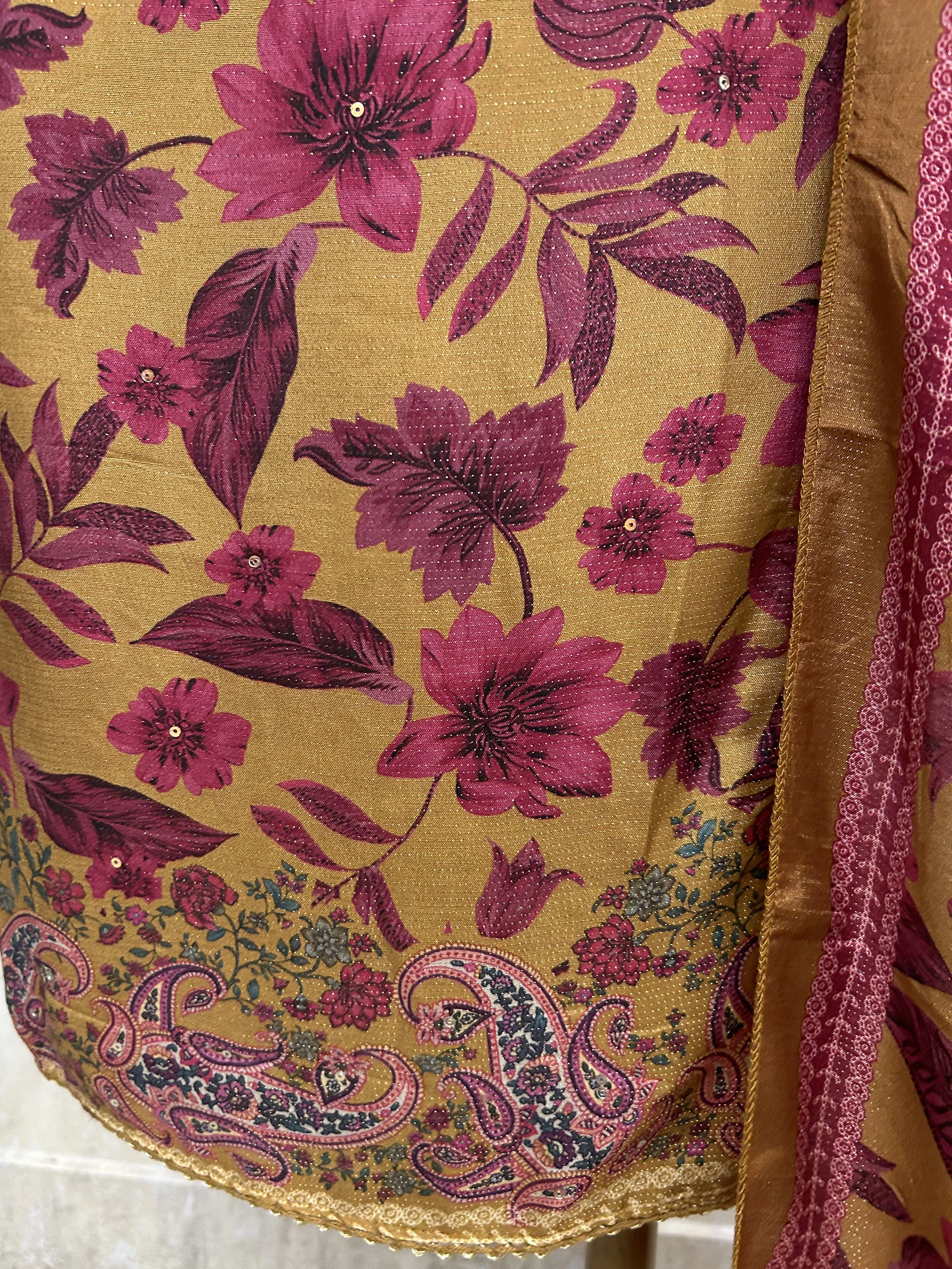 Muslin Unstitched Suit Set With Leaf Motifs Print