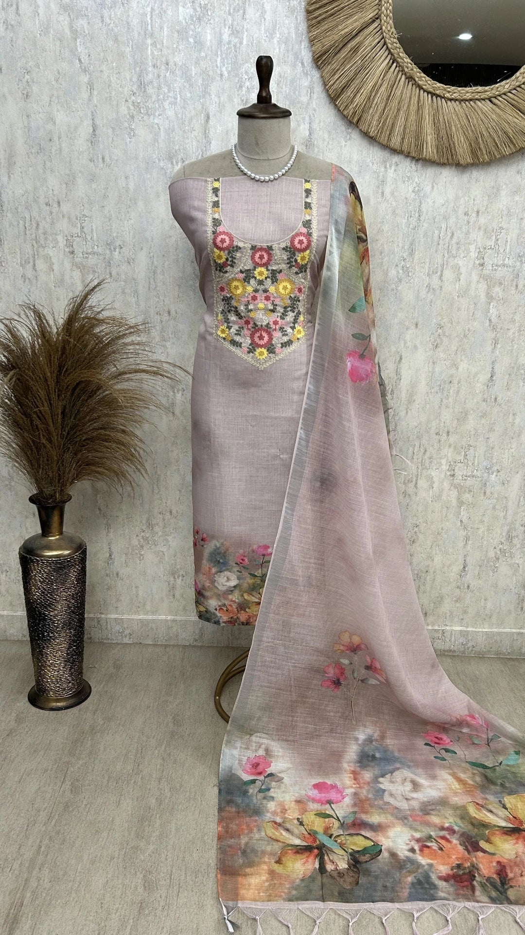 Refined Thread Embroidery Jamdani Linen Unstitched Suit Set
