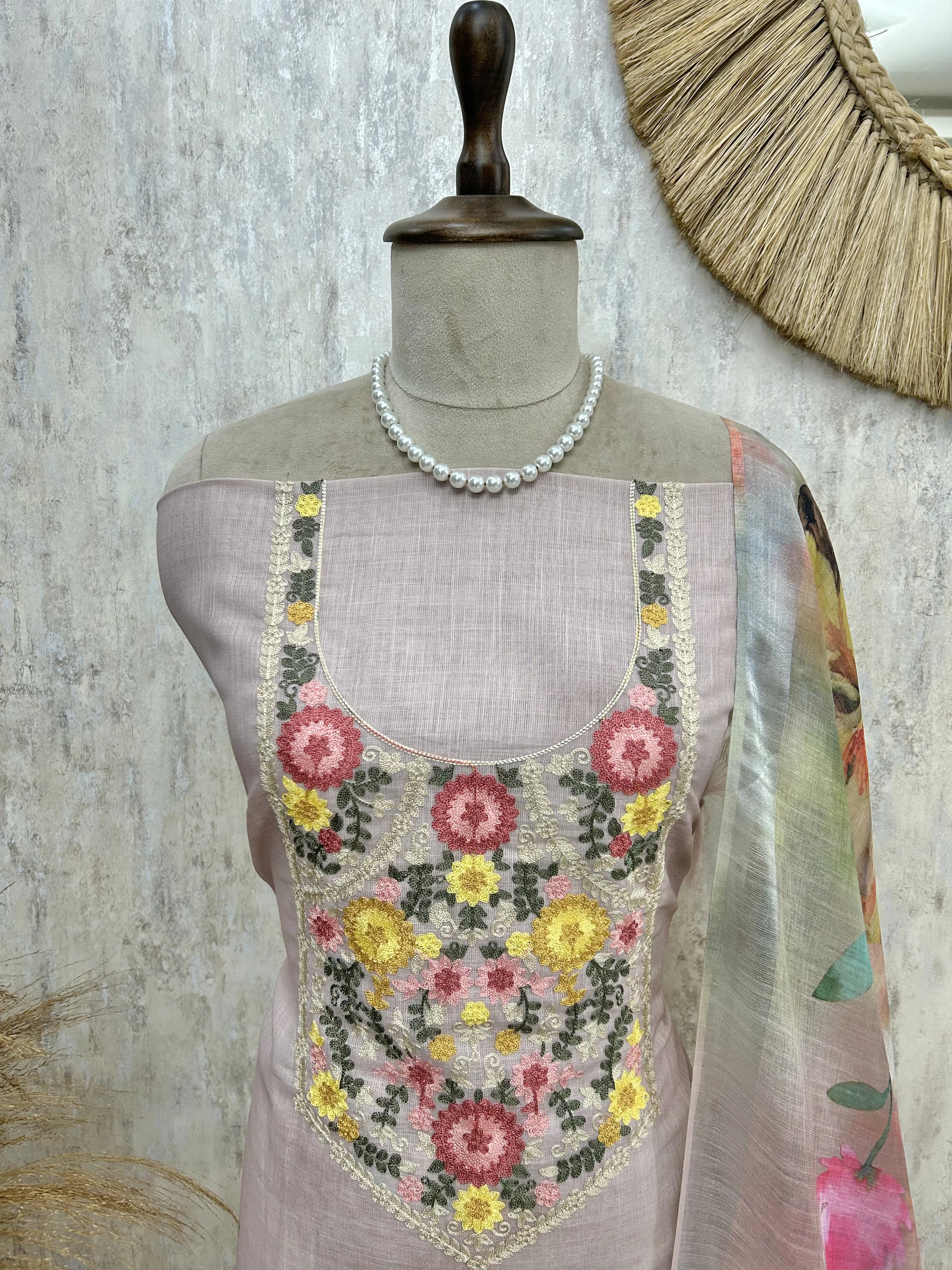 Refined Thread Embroidery Jamdani Linen Unstitched Suit Set