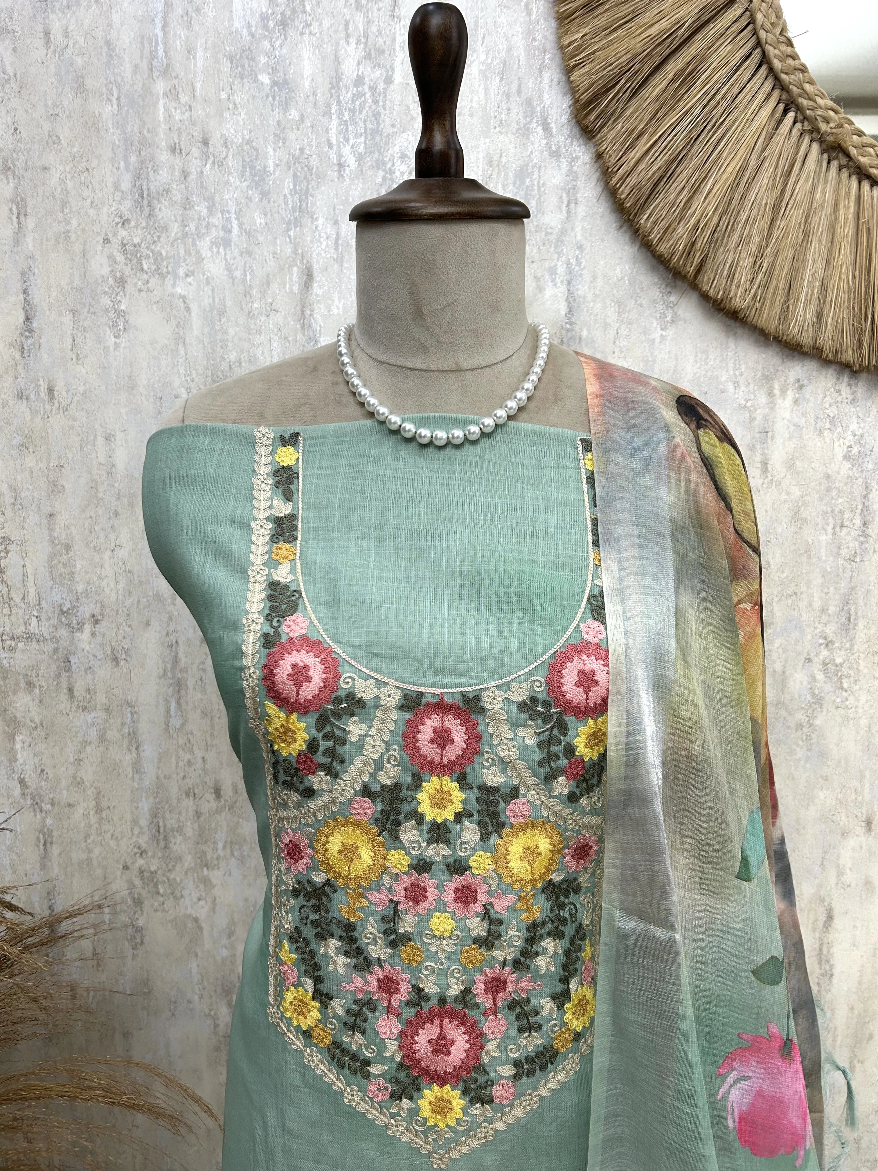 Refined Thread Embroidery Jamdani Linen Unstitched Suit Set