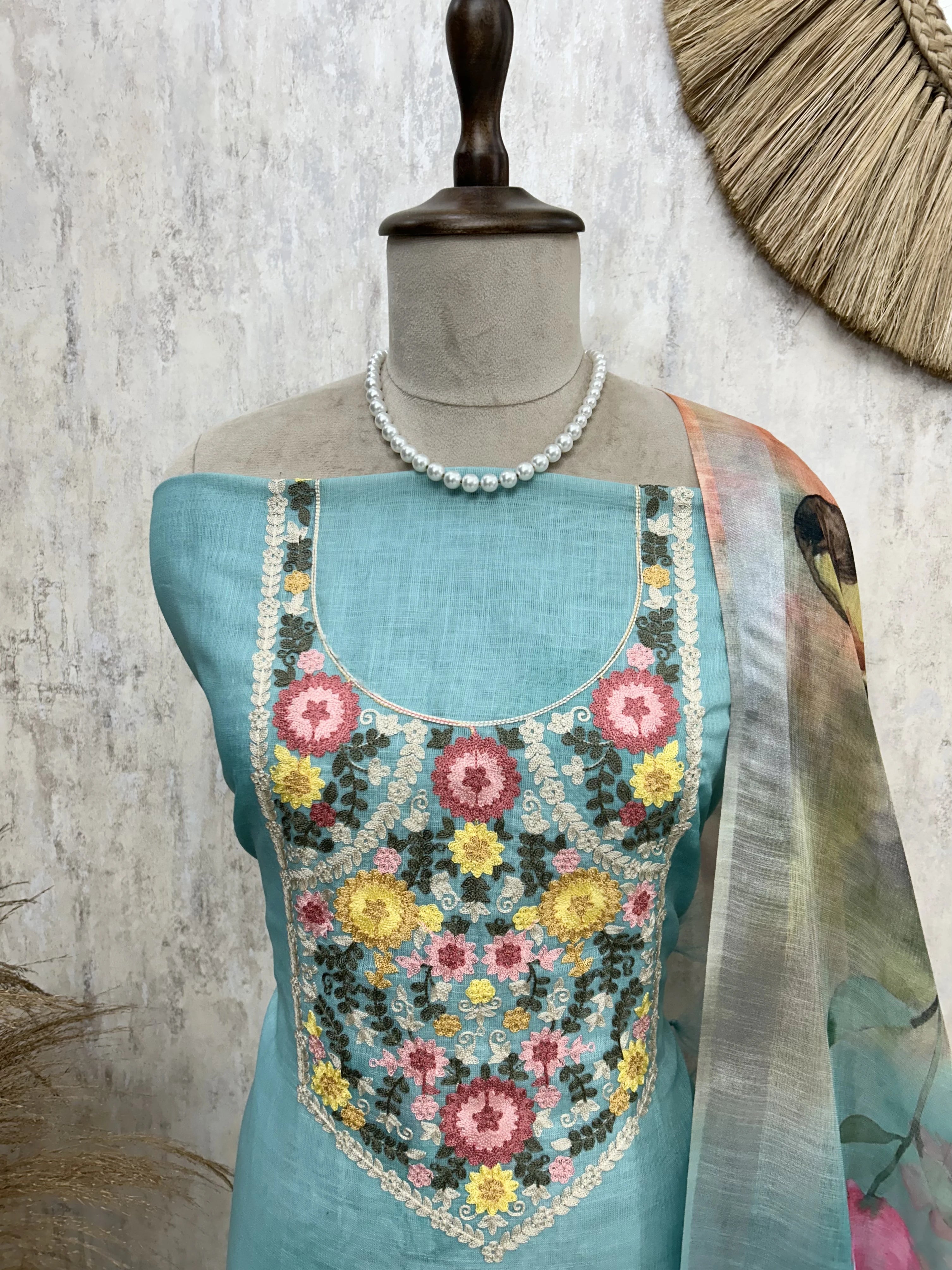 Refined Thread Embroidery Jamdani Linen Unstitched Suit Set