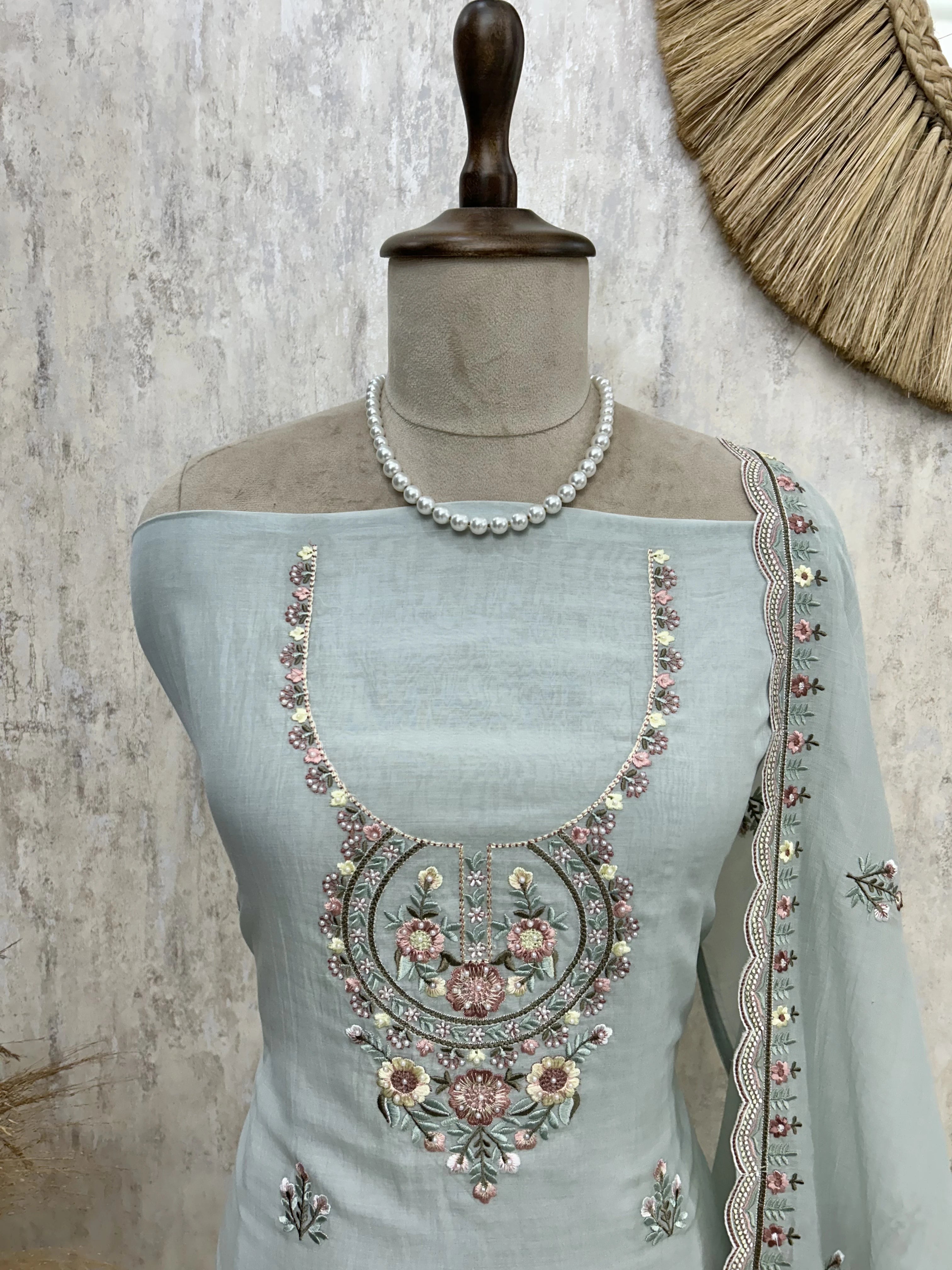 Thread Work Mul Chanderi Unstitched Suit Set