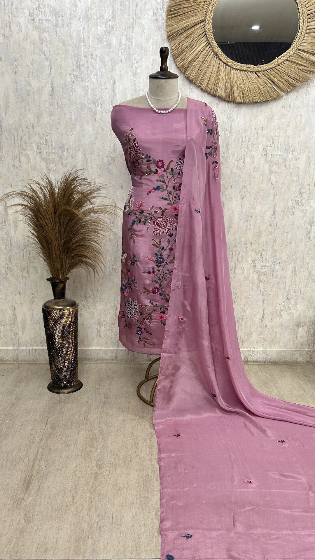 Glass Tissue Unstitched suit with Thread Embroidery