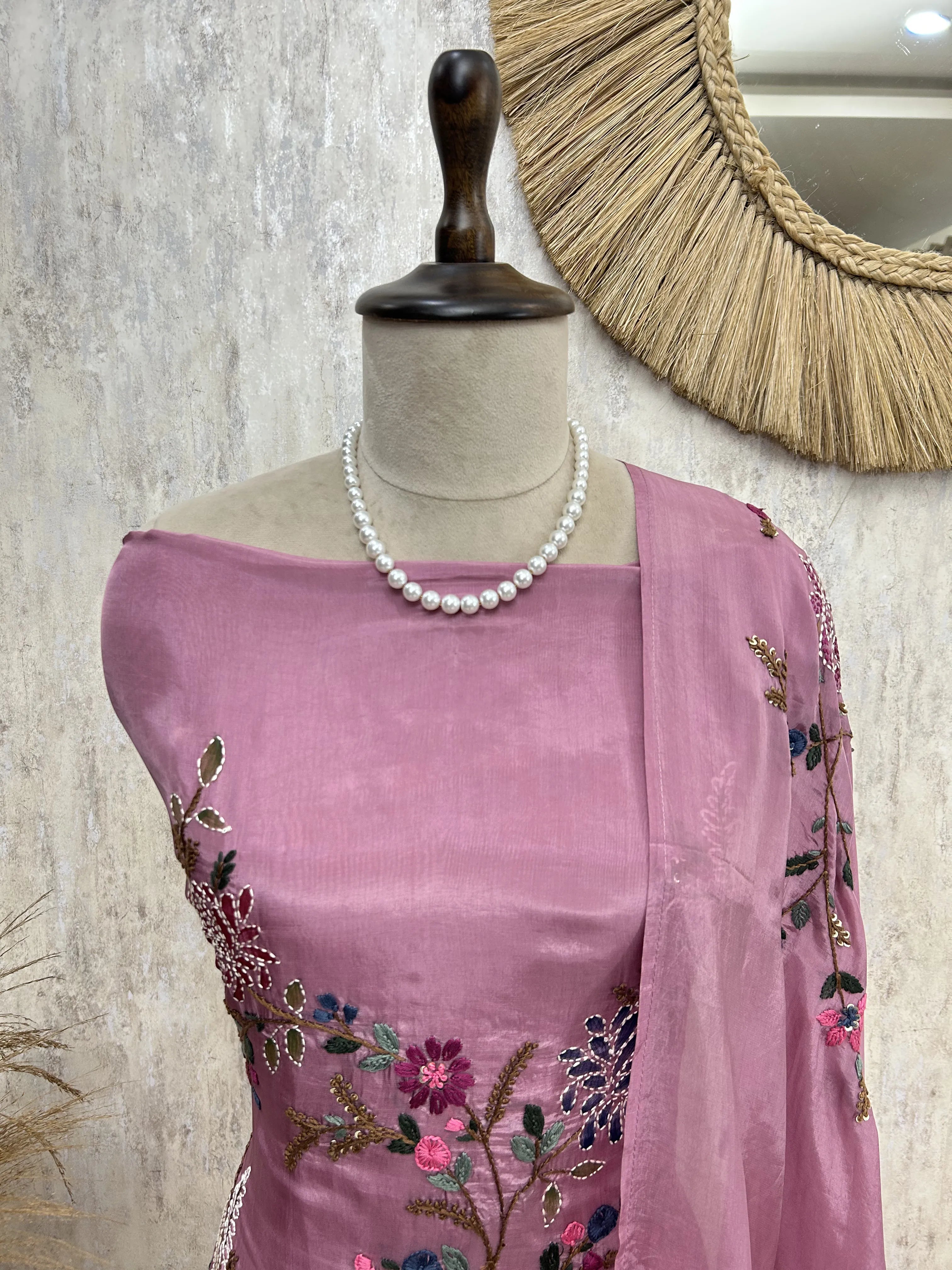 Glass Tissue Unstitched suit with Thread Embroidery