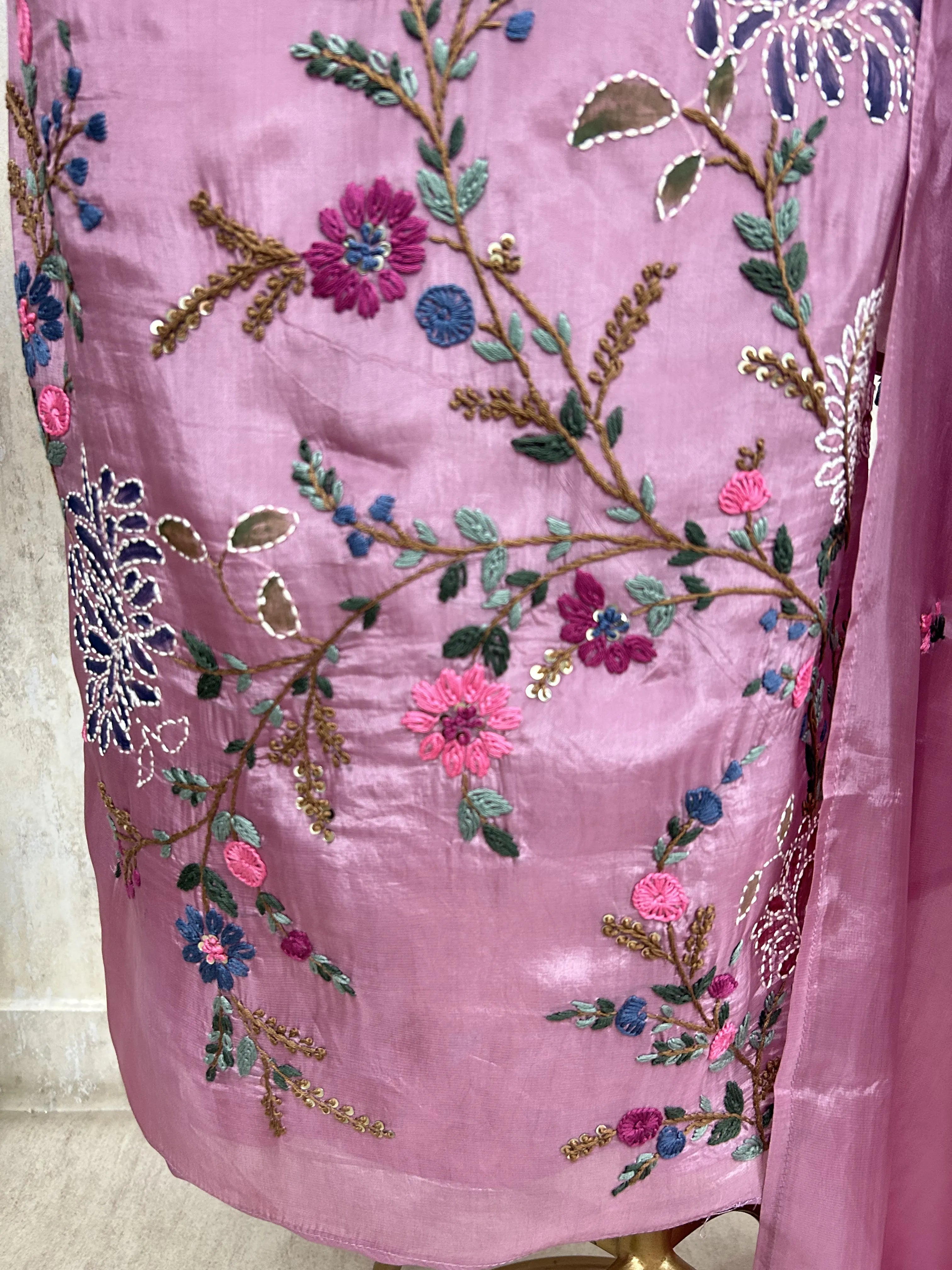 Glass Tissue Unstitched suit with Thread Embroidery