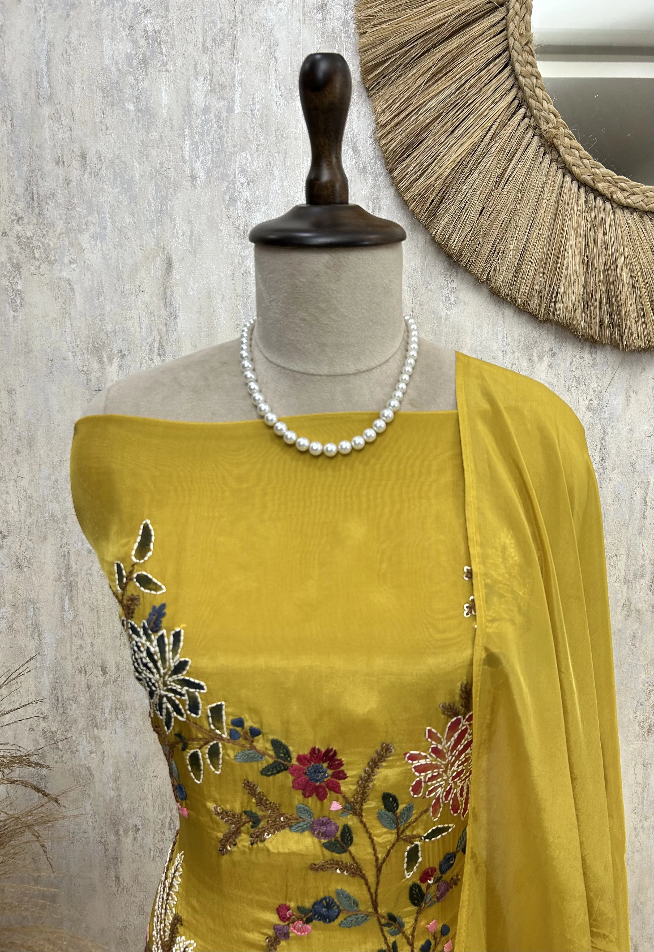 Glass Tissue Unstitched suit with Thread Embroidery