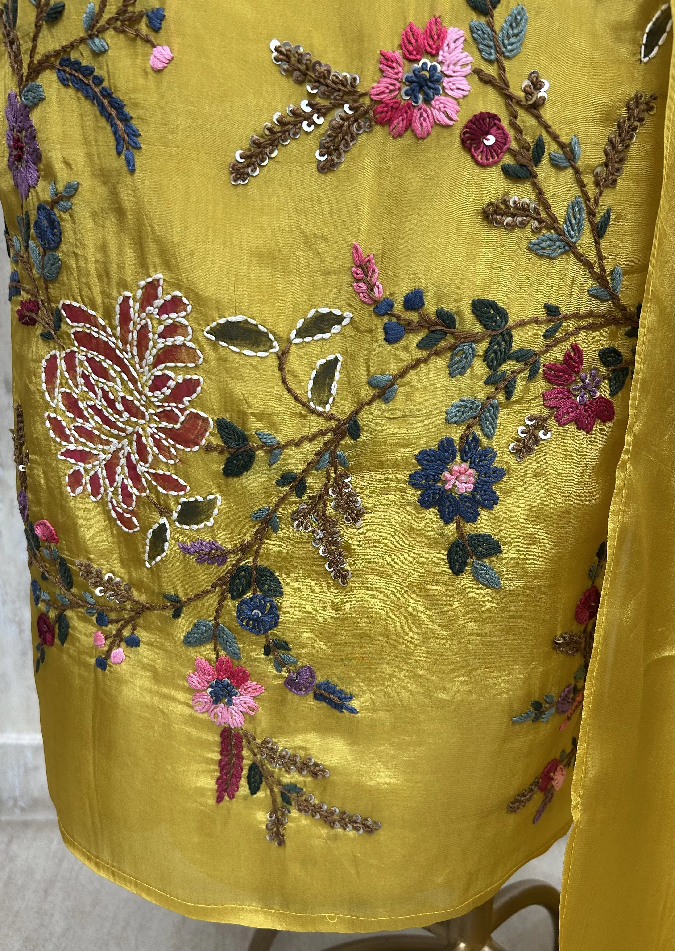 Glass Tissue Unstitched suit with Thread Embroidery