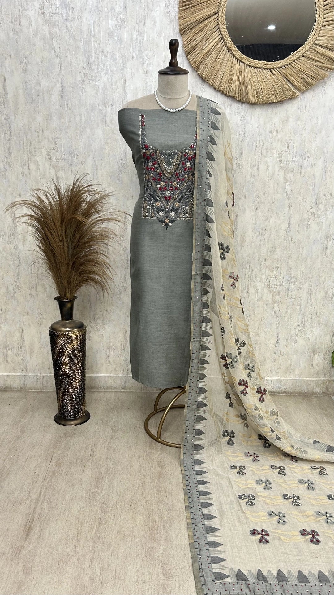 Handcrafted Linen Unstitched Suit with French Knots