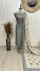 Handcrafted Linen Unstitched Suit with French Knots