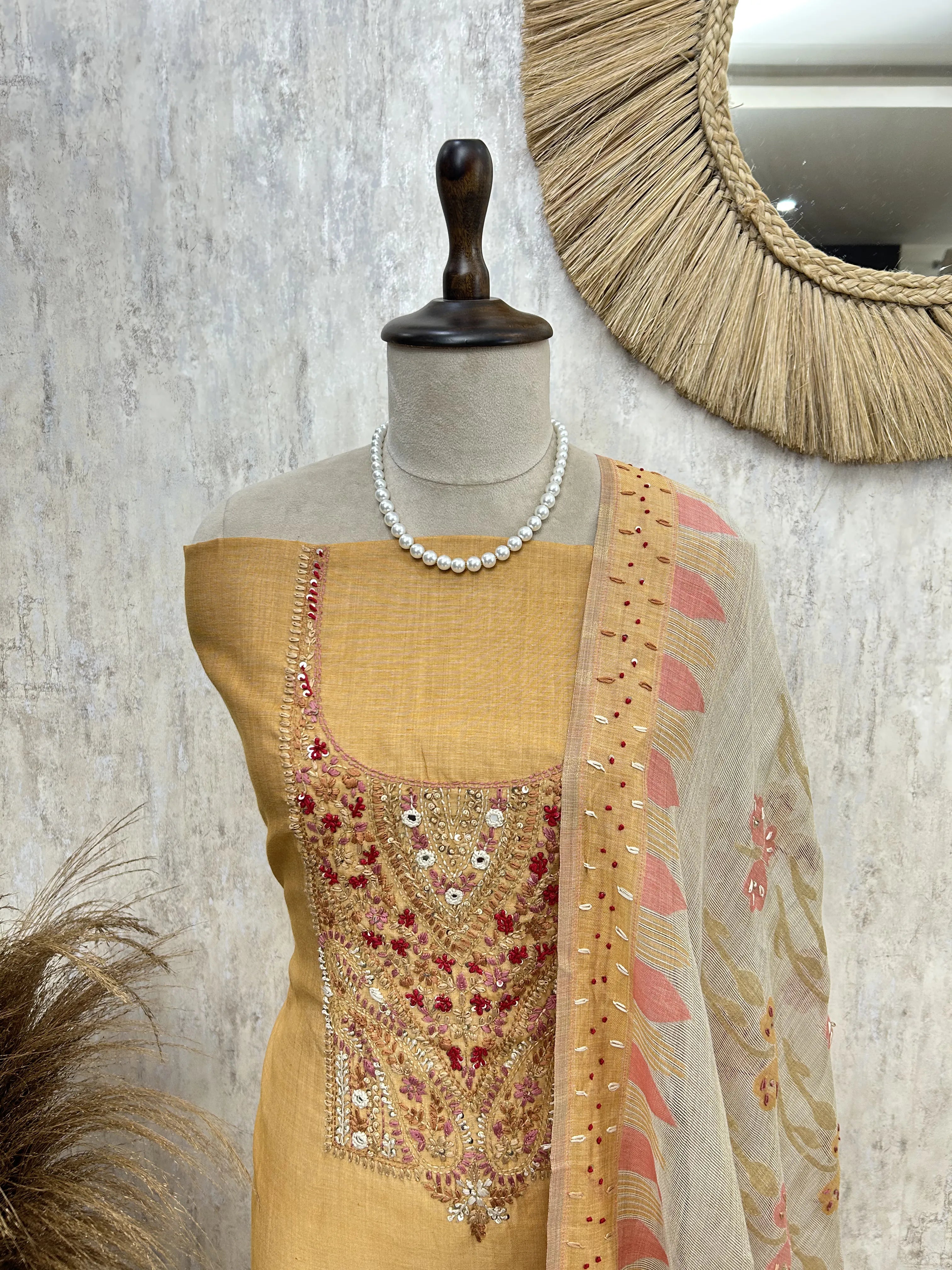 Handcrafted Linen Unstitched Suit with French Knots