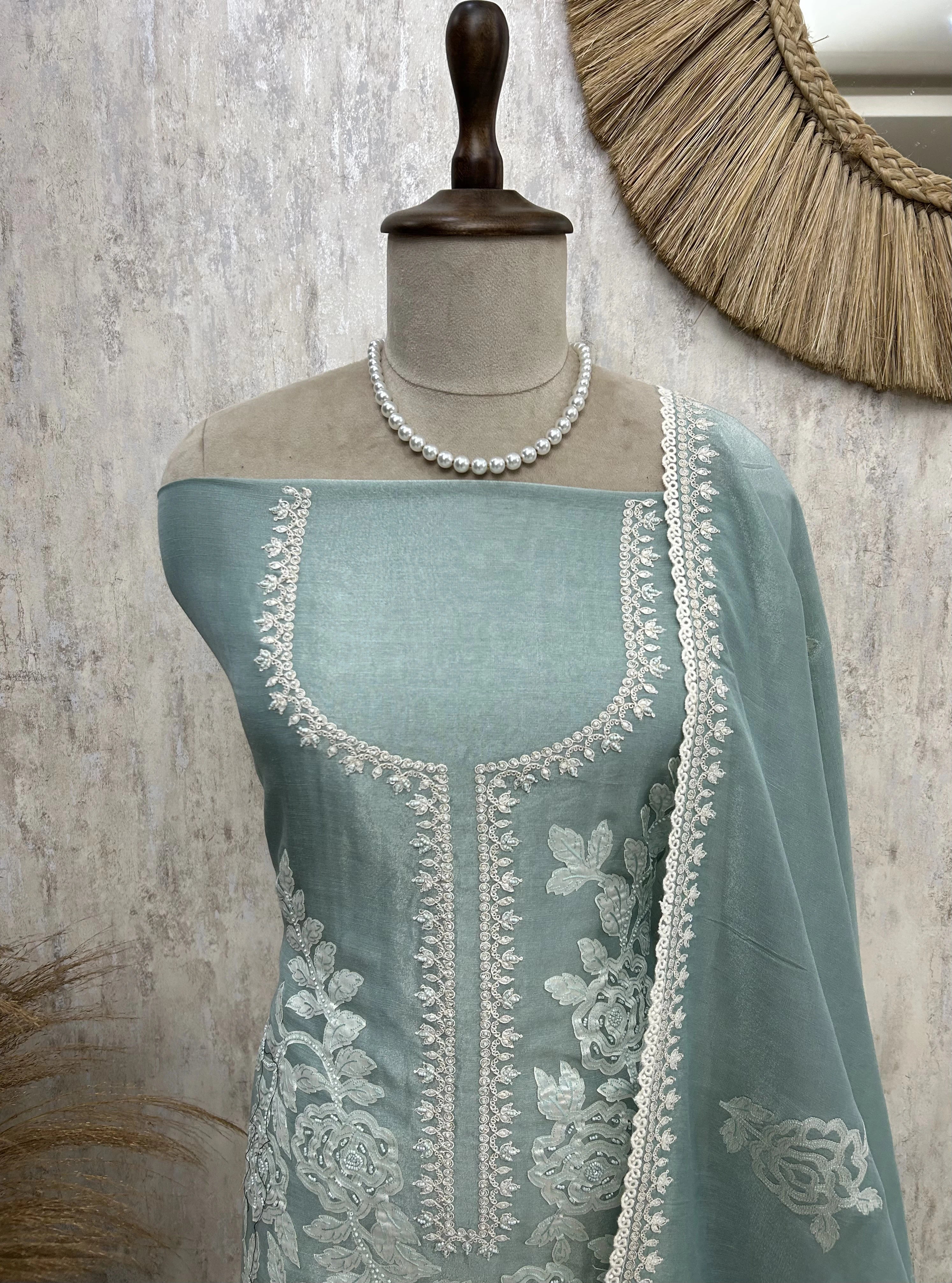 Tissue Linen Unstitched Suit Set With Applique Work