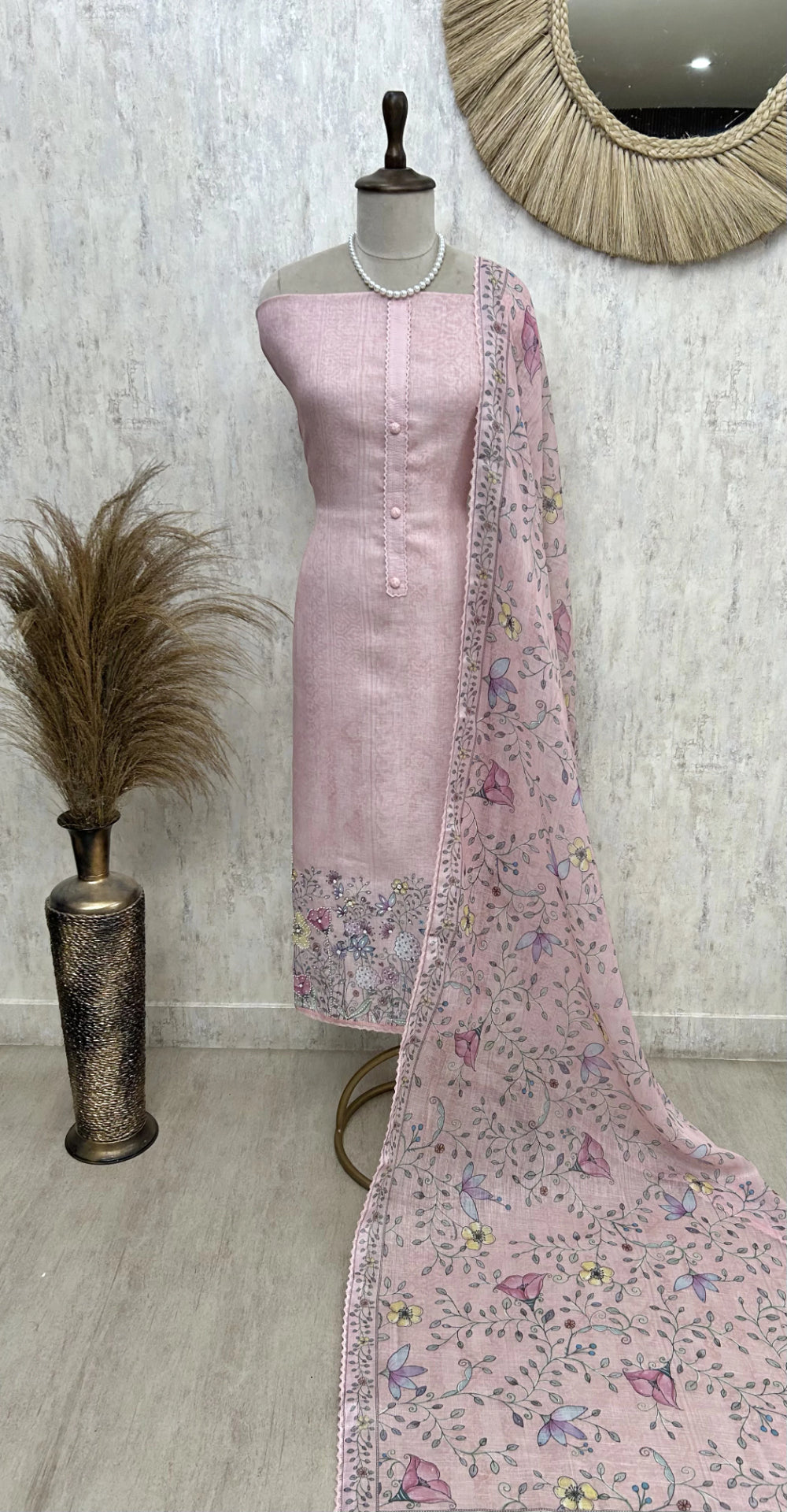 Jamdani Linen Unstitched Suit Set With Hand Work