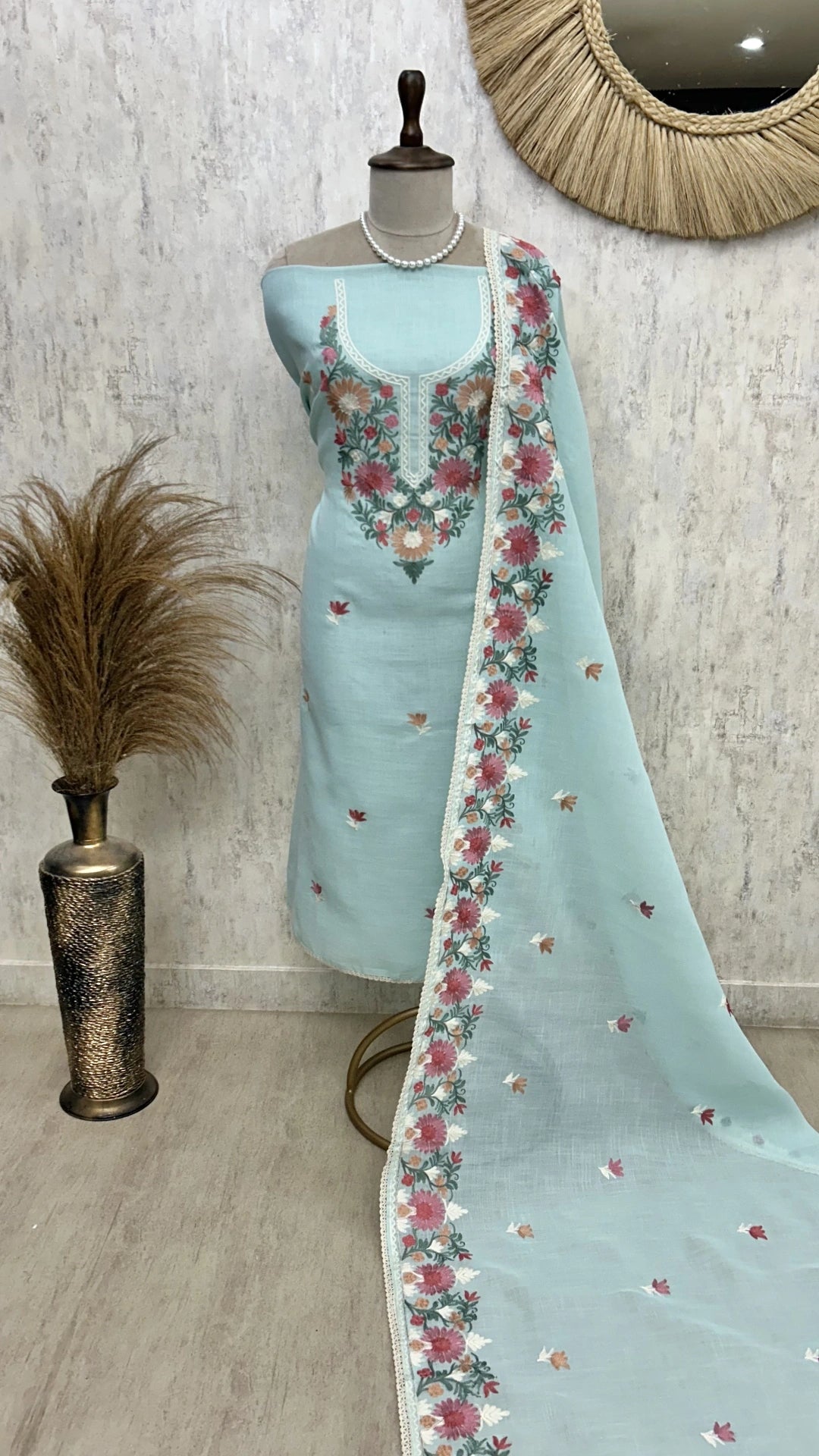 Thread Embroidered Linen Unstitched Suit Set