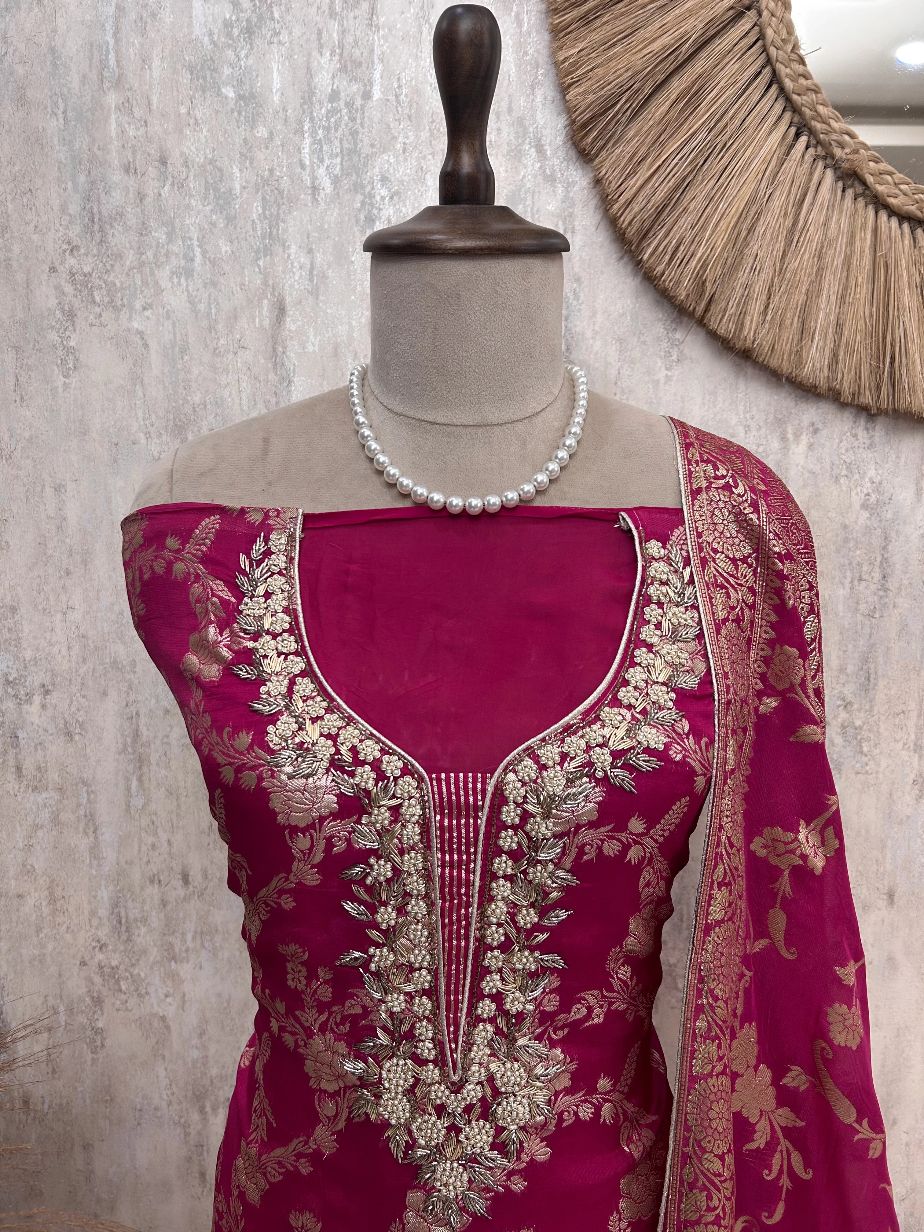 Organza Unstitched Suit Set With Banarasi Weave