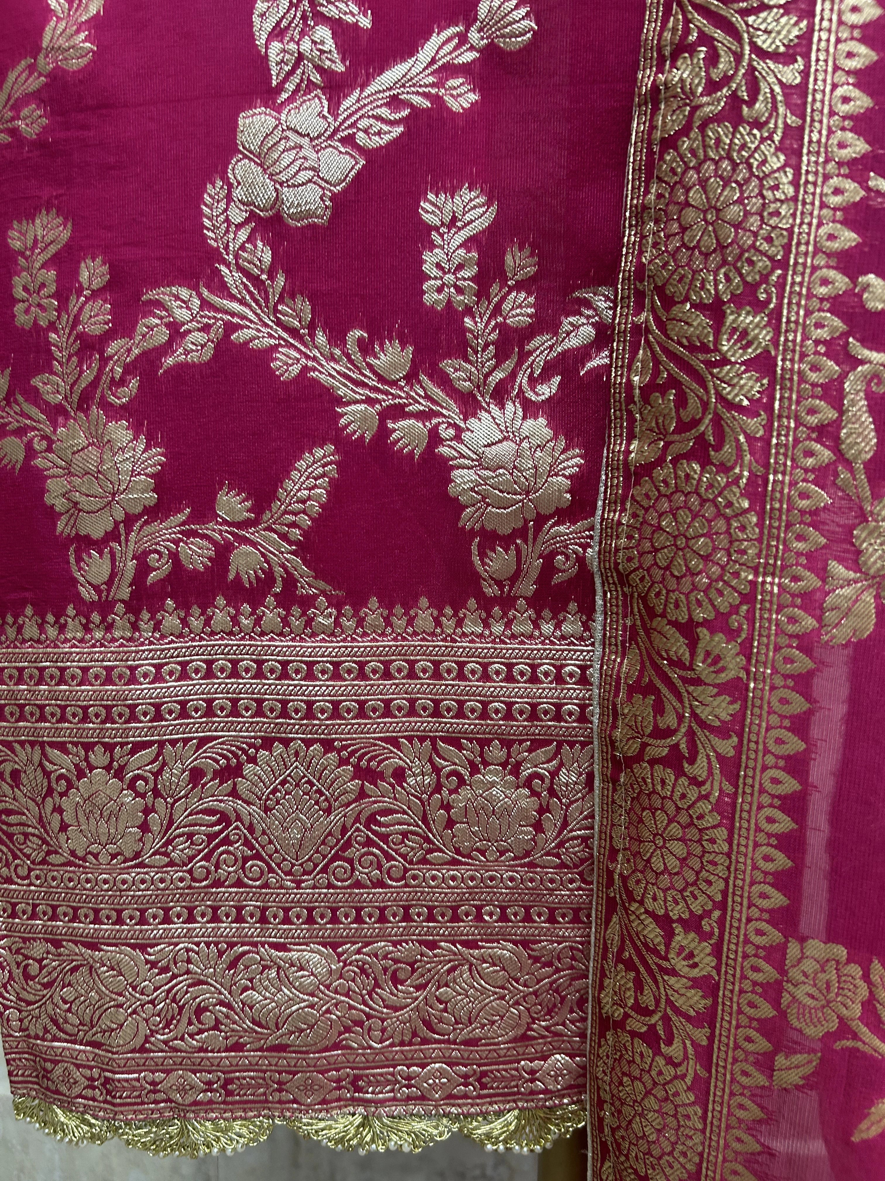 Organza Unstitched Suit Set With Banarasi Weave