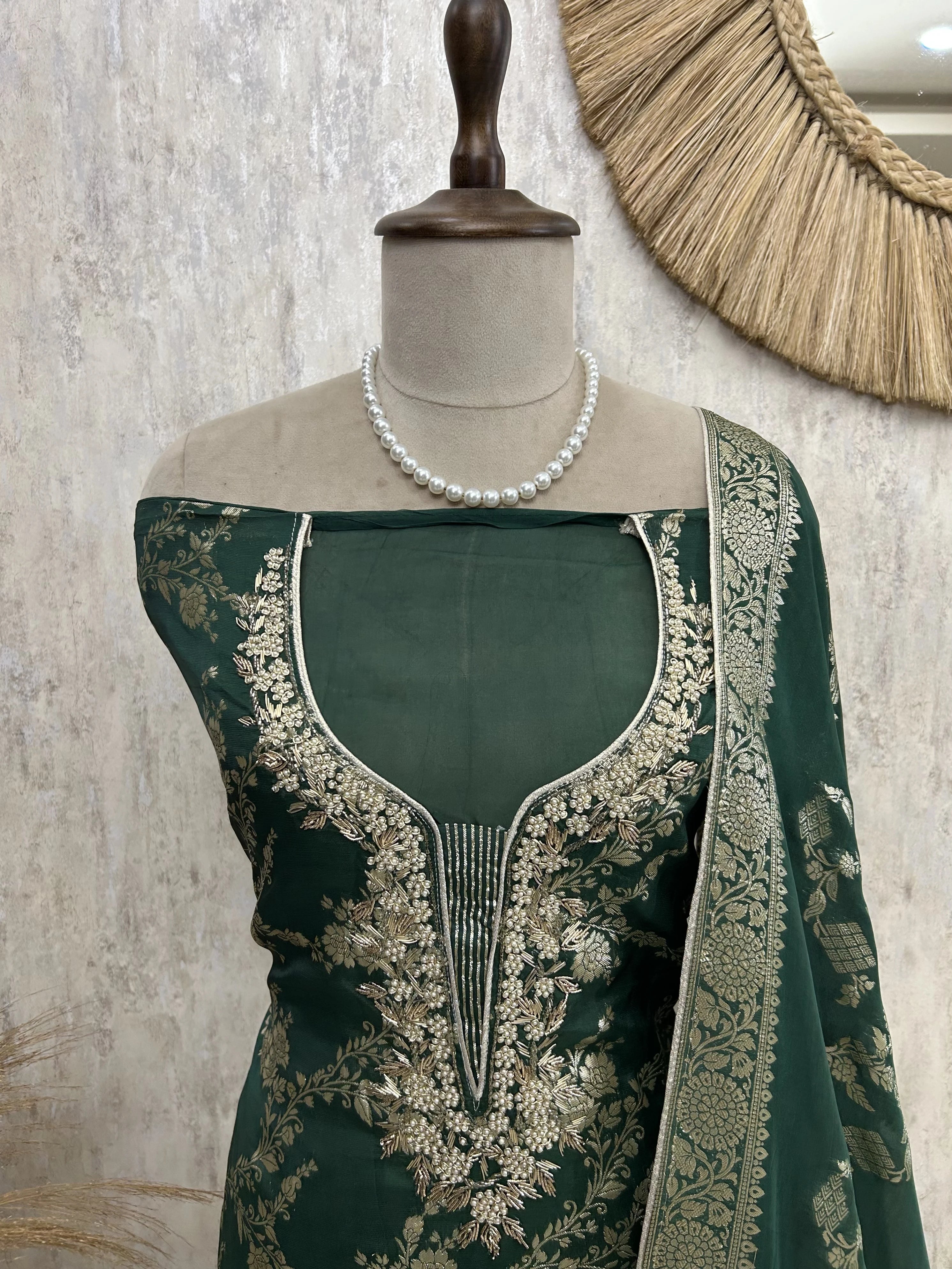 Organza Unstitched Suit Set With Banarasi Weave