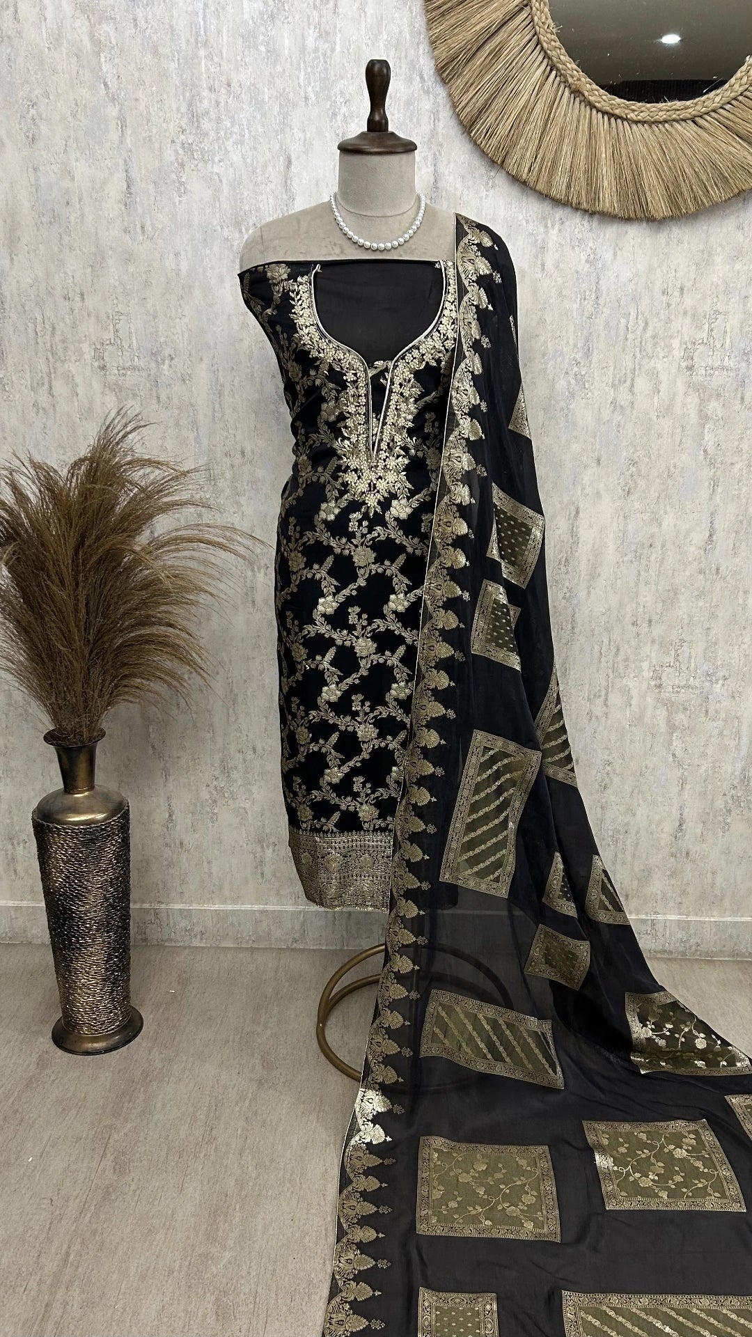 Organza Unstitched Suit Set With Banarasi Weave