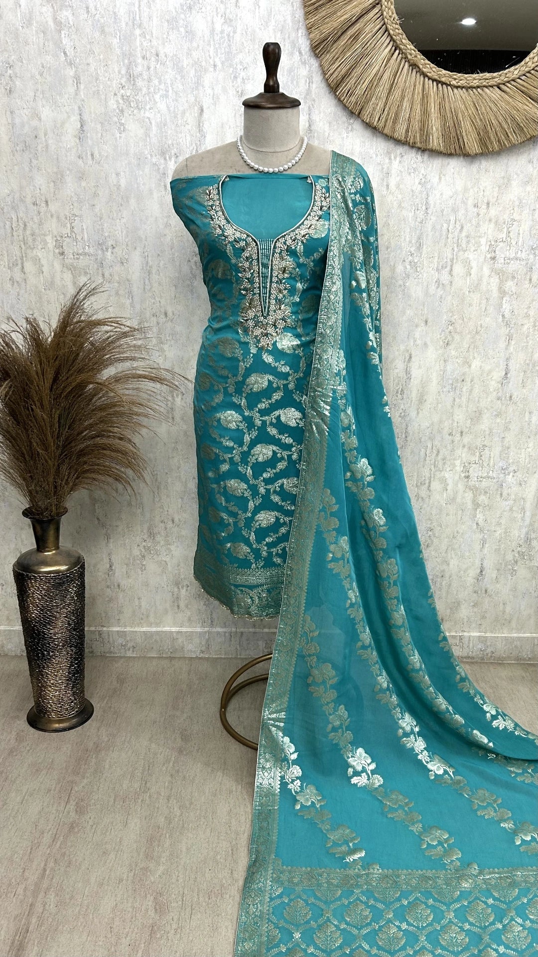 Organza Unstitched Suit Set With Banarasi Weave