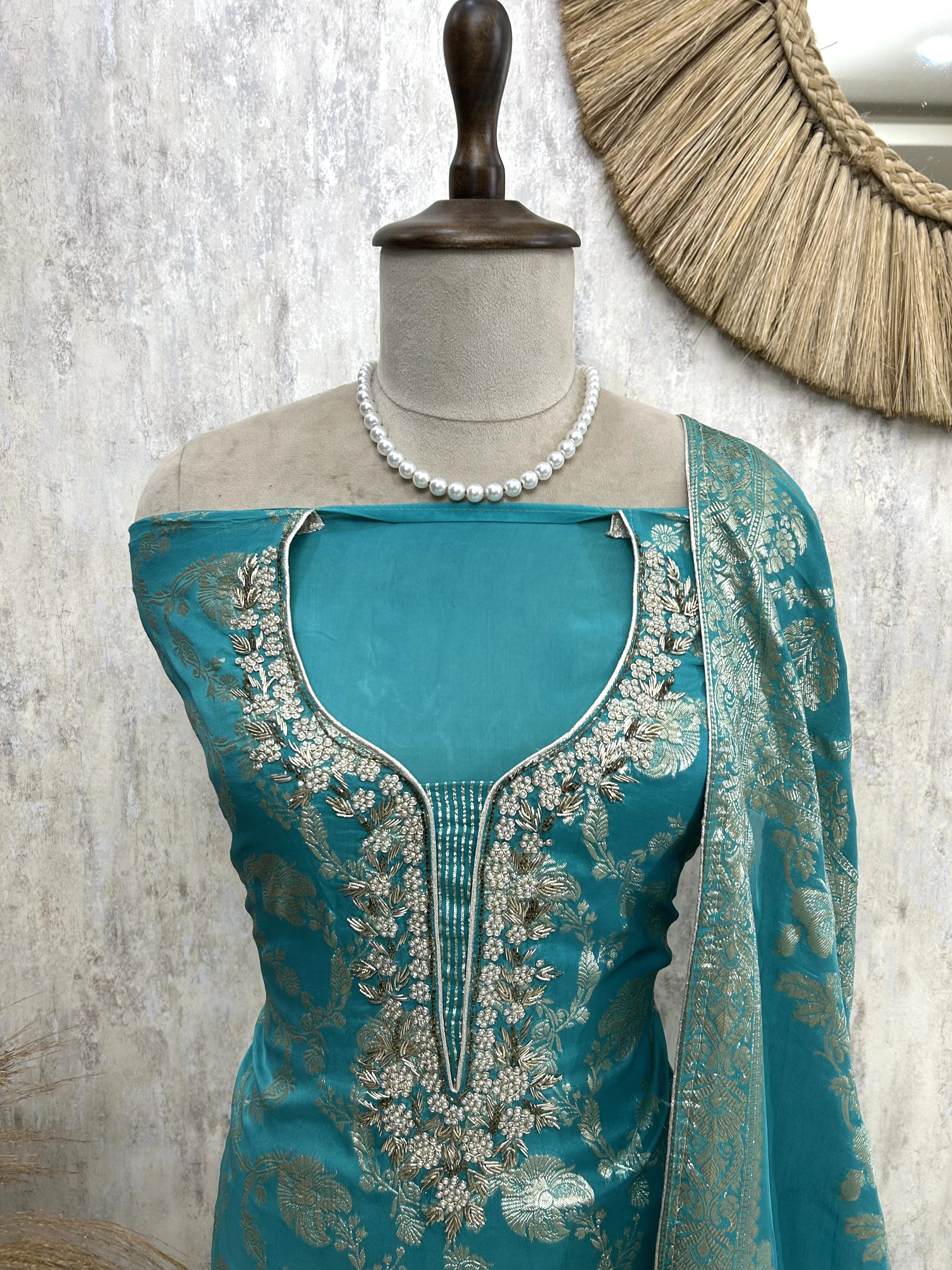 Organza Unstitched Suit Set With Banarasi Weave