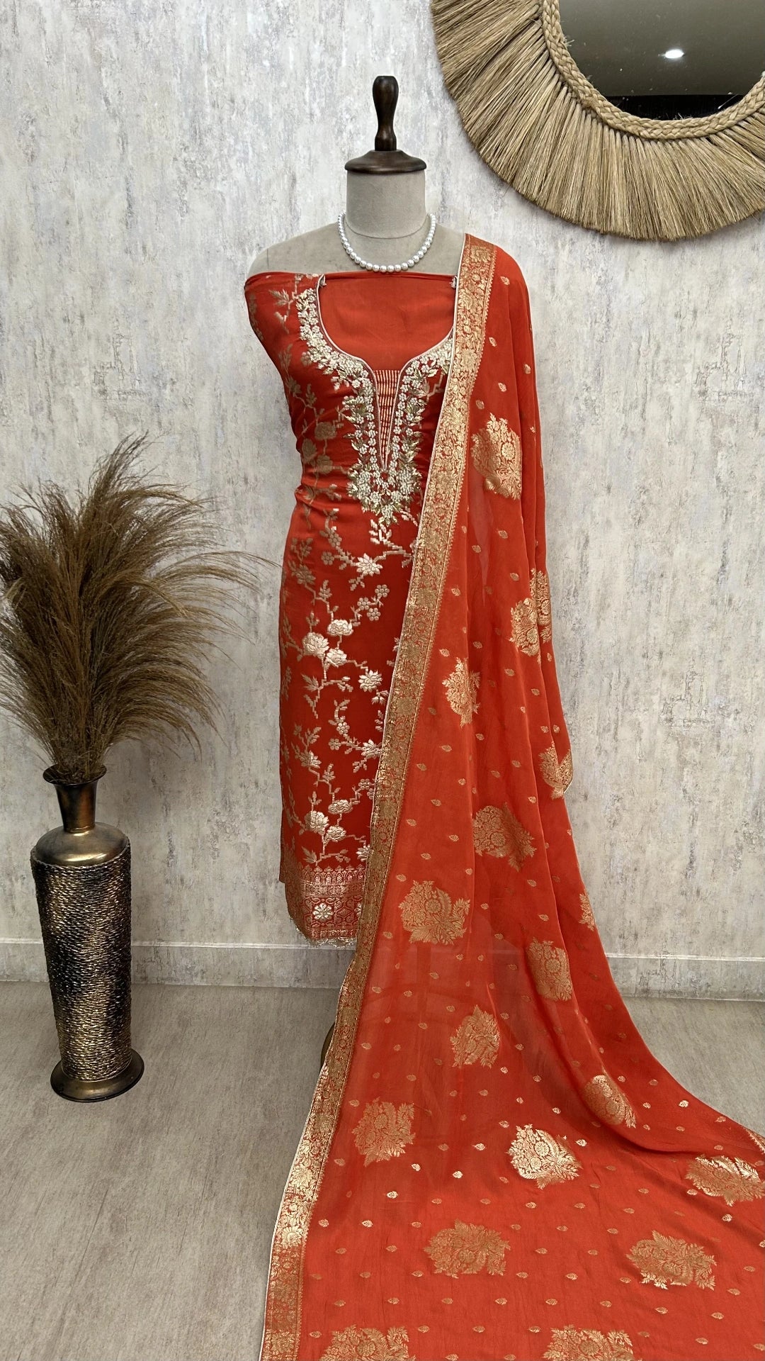 Organza Unstitched Suit Set With Banarasi Weave