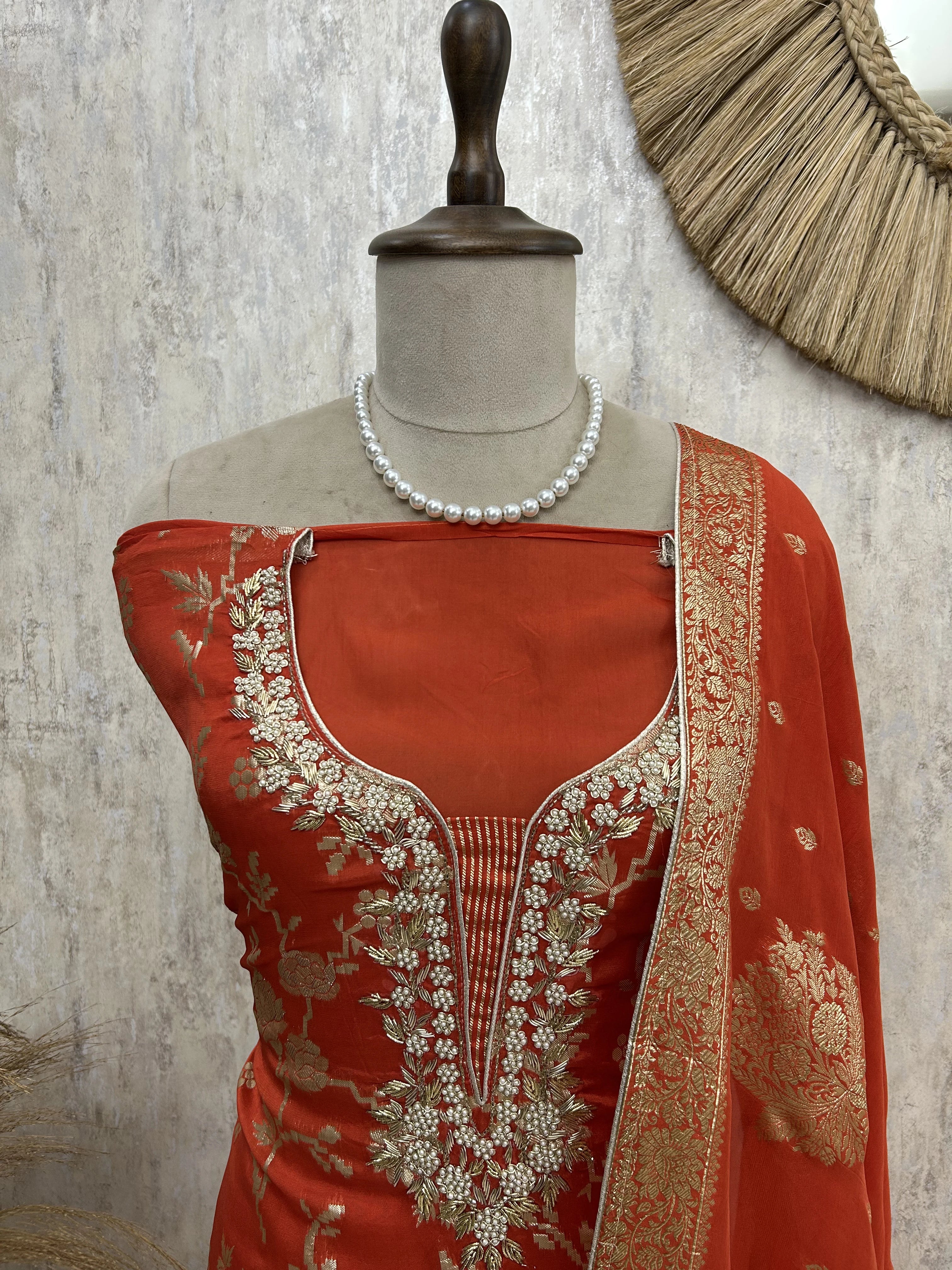 Organza Unstitched Suit Set With Banarasi Weave
