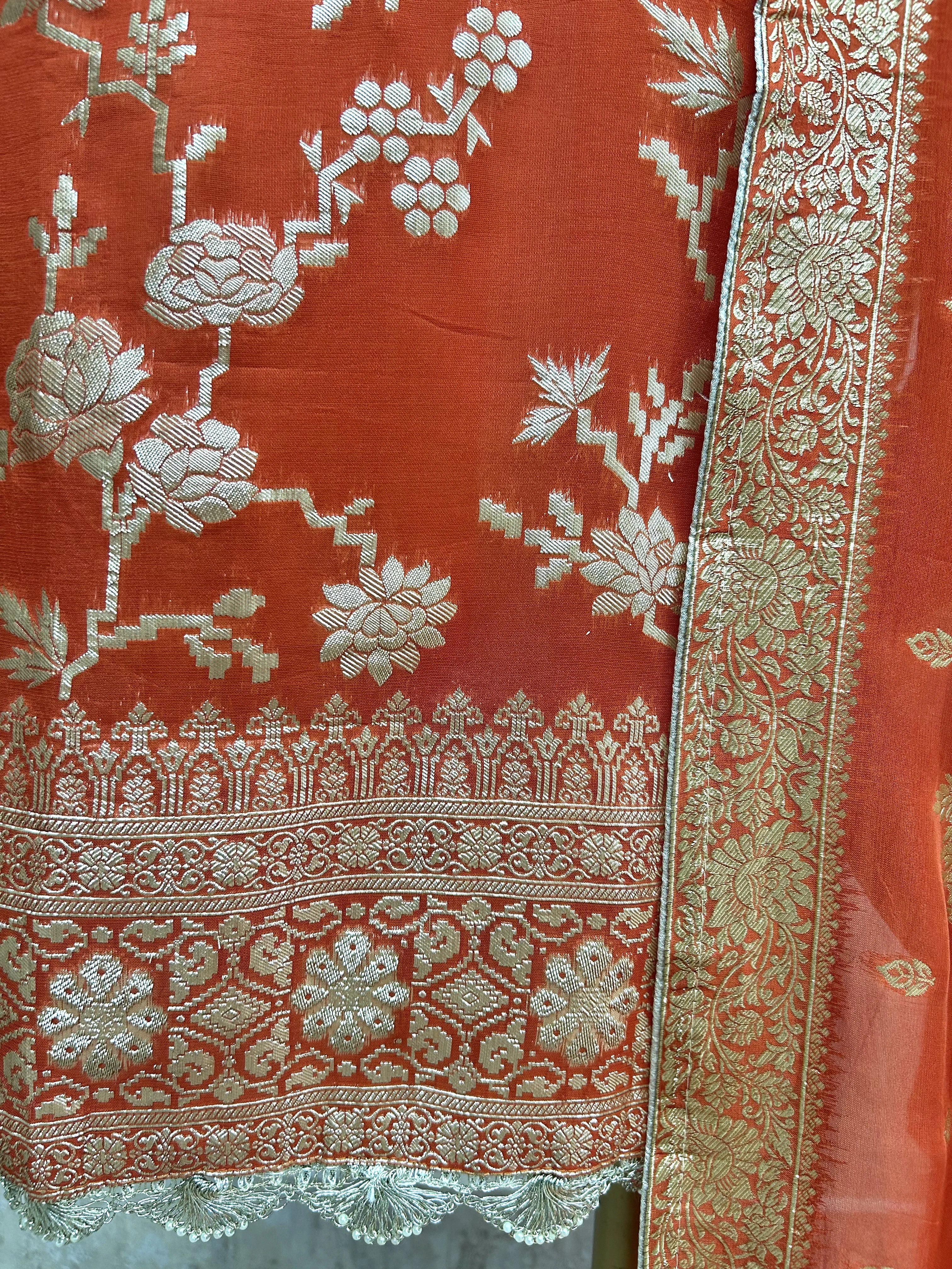 Organza Unstitched Suit Set With Banarasi Weave