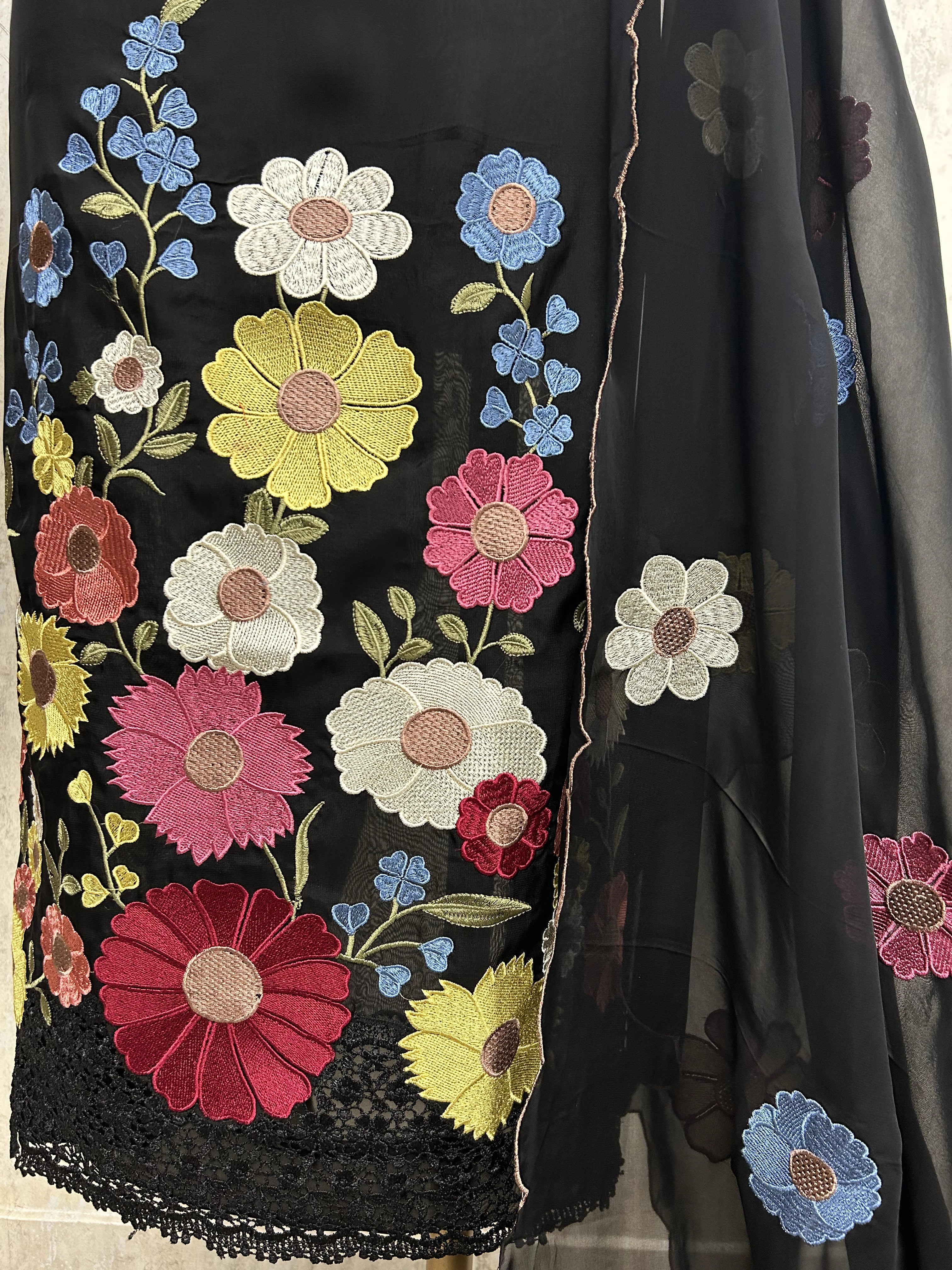 Organza Unstitched Suit Set With Floral Thread Embroidery