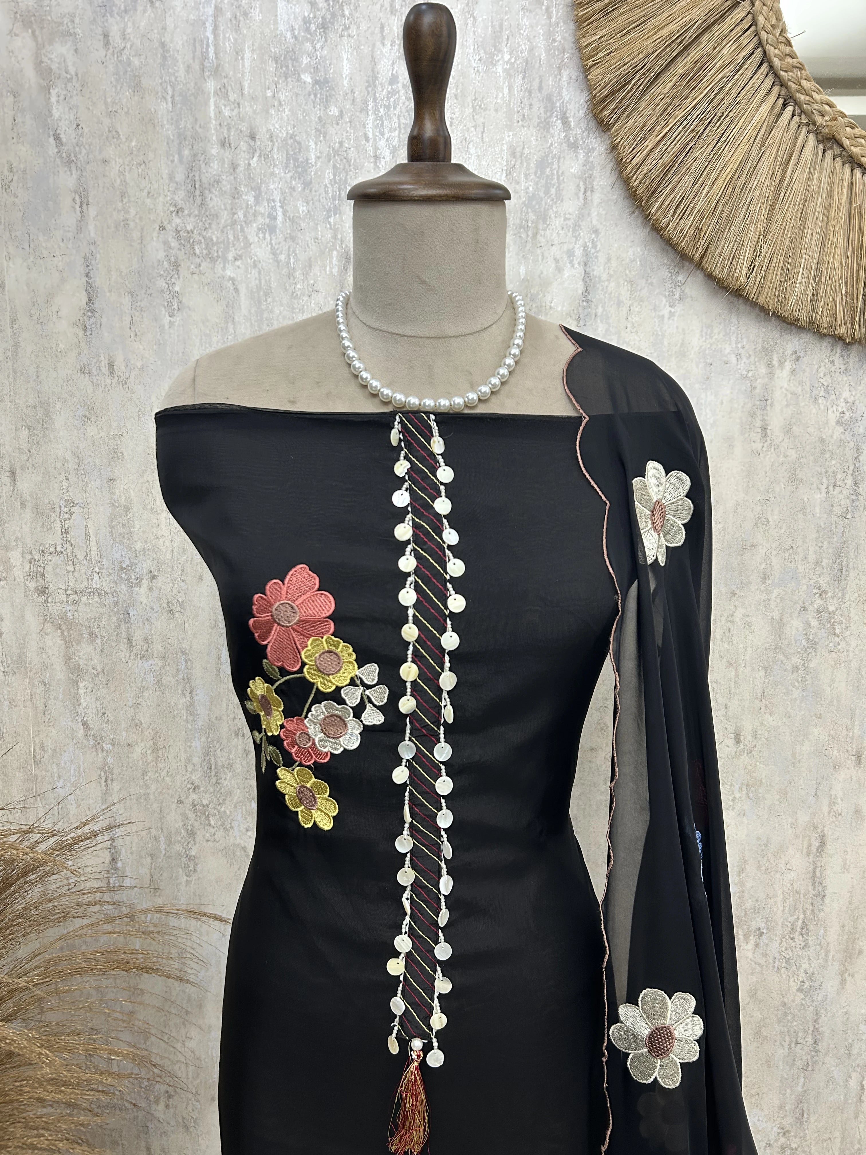 Organza Unstitched Suit Set With Floral Thread Embroidery